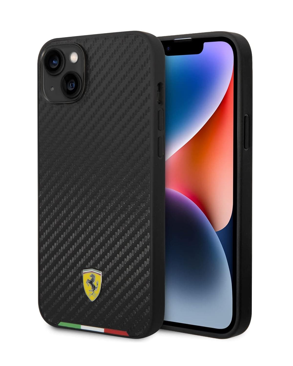 CG MOBILE Ferrari Compatible with iPhone 14 Case [Official Licensed] Italian Flag Line Metal Logo & Mag-Safe Compatible | PU Carbon Effect Protective Case/Cover Designed for iPhone 14 (6.1-Inch)