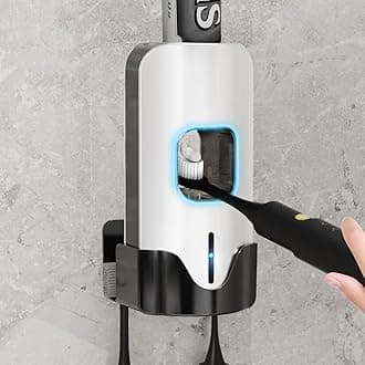 TuCaoToothpaste Dispenser, Smart Automatic Toothpaste Dispenser Wall Mounted for Bathroom, 3 Lavel Electric Toothpaste Dispenser for Kids, Toothpaste Squeezer w/ 2 Toothbrush Slots, White