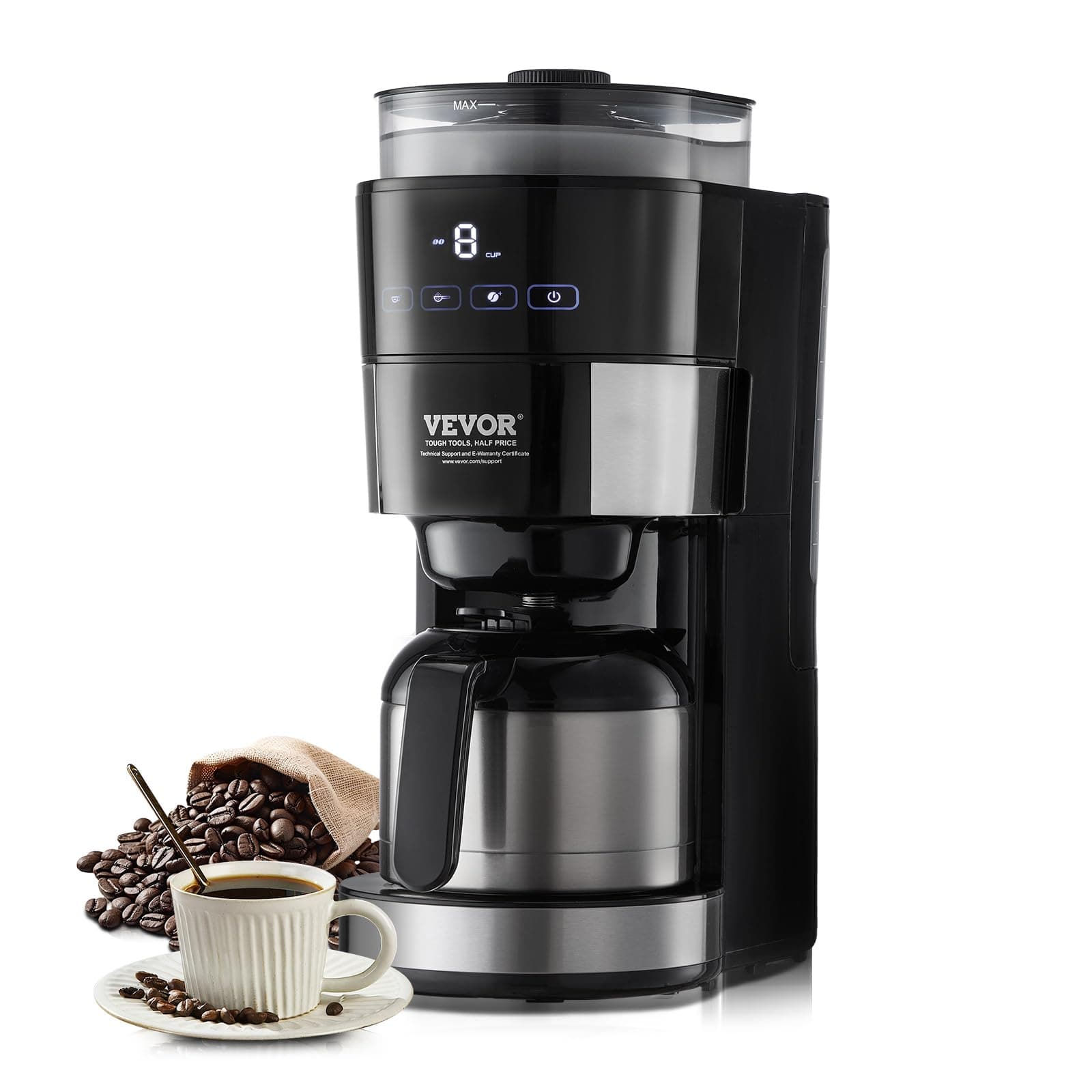 VEVOR Coffee Maker with Grinder, 8 Cup Programmable Coffee Machine, Grind and Brew Coffee Maker with 3 Brew Strength Control, Reusable Filter, Removable Water Tank, for Home Office Restaurant