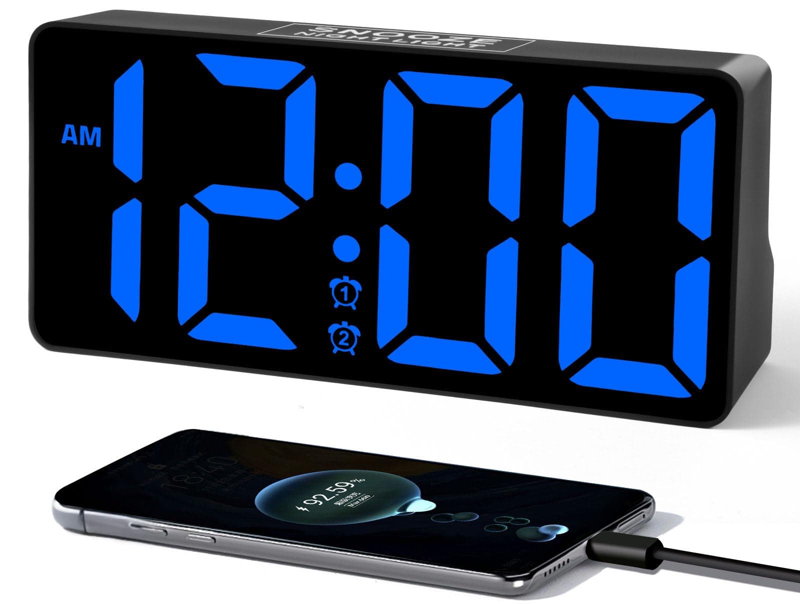 Alarm Clock for Bedroom with Night Light & Bold Digits-7 in Digital Clock with Dual Alarms & USB Charger Ports,Battery Backup,Adjustable Brightness&Volume,DST, Loud Desk Clock for Heavy Sleeper