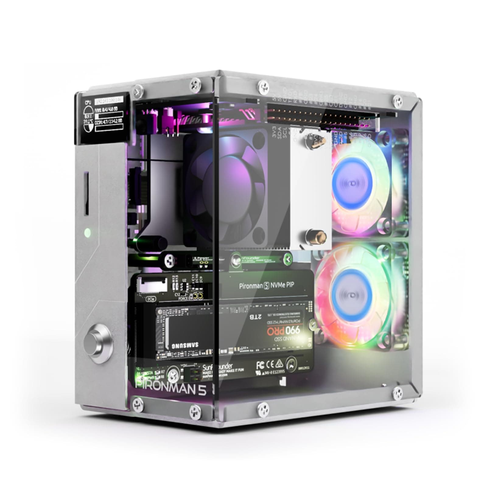 Pironman 5 NVMe M.2 SSD PCIe 2.0/3.0 Mini PC Case for Raspberry Pi 5 Hailo-8L, AI Agent OpenClaw, Tower Cooler+Dual RGB Fans, 0.96'' OLED Module, Safe Shutdown, Standard HDMI, RGB Effect