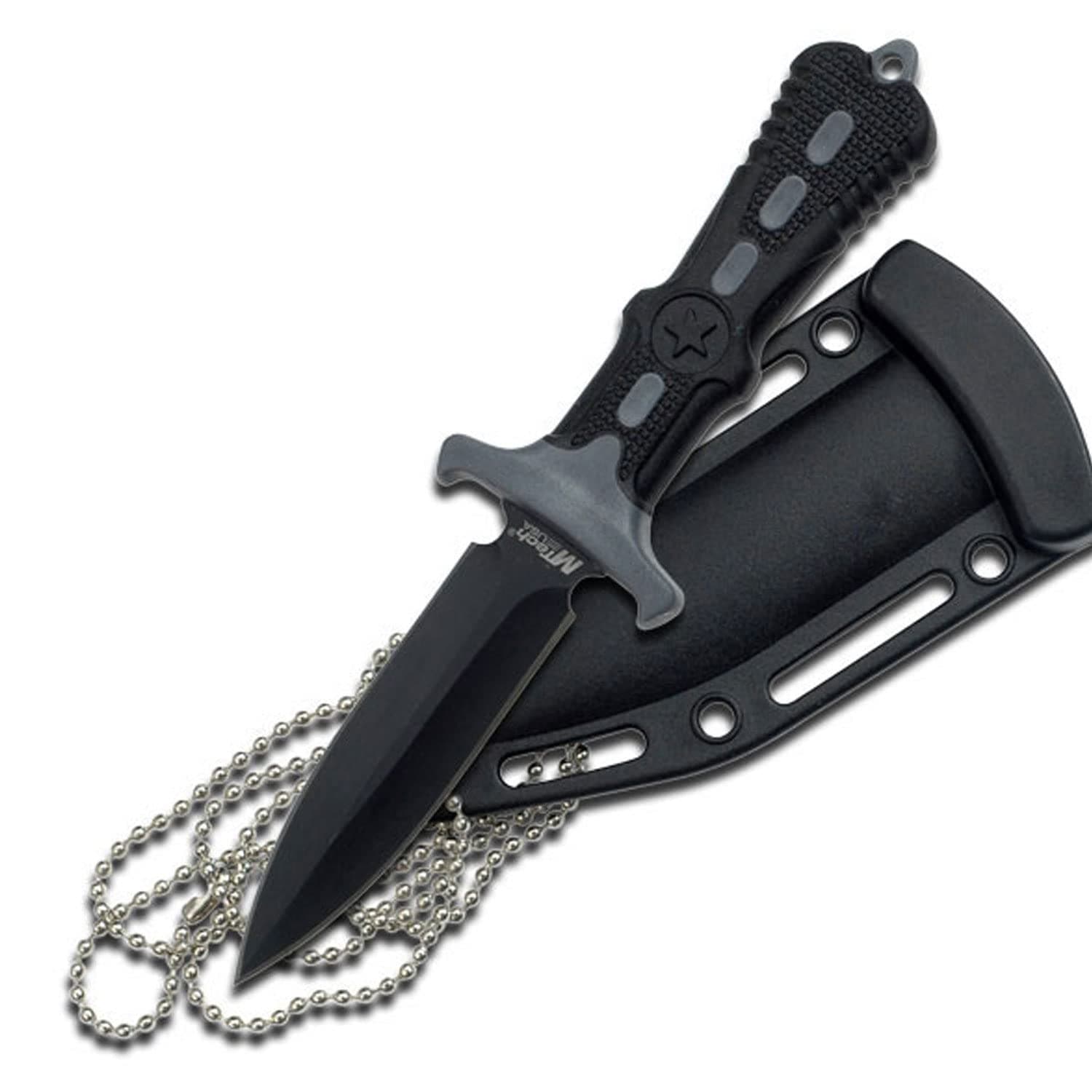 MTech USA – Fixed Blade Knife – Neck Knife - Black Blade, Black and Grey Nylon Fiber Handle, Includes Nylon Fiber Sheath w/ Ball Chain - Hunting, Camping, Survival, Tactical – MT-20-14GY,Black/Grey