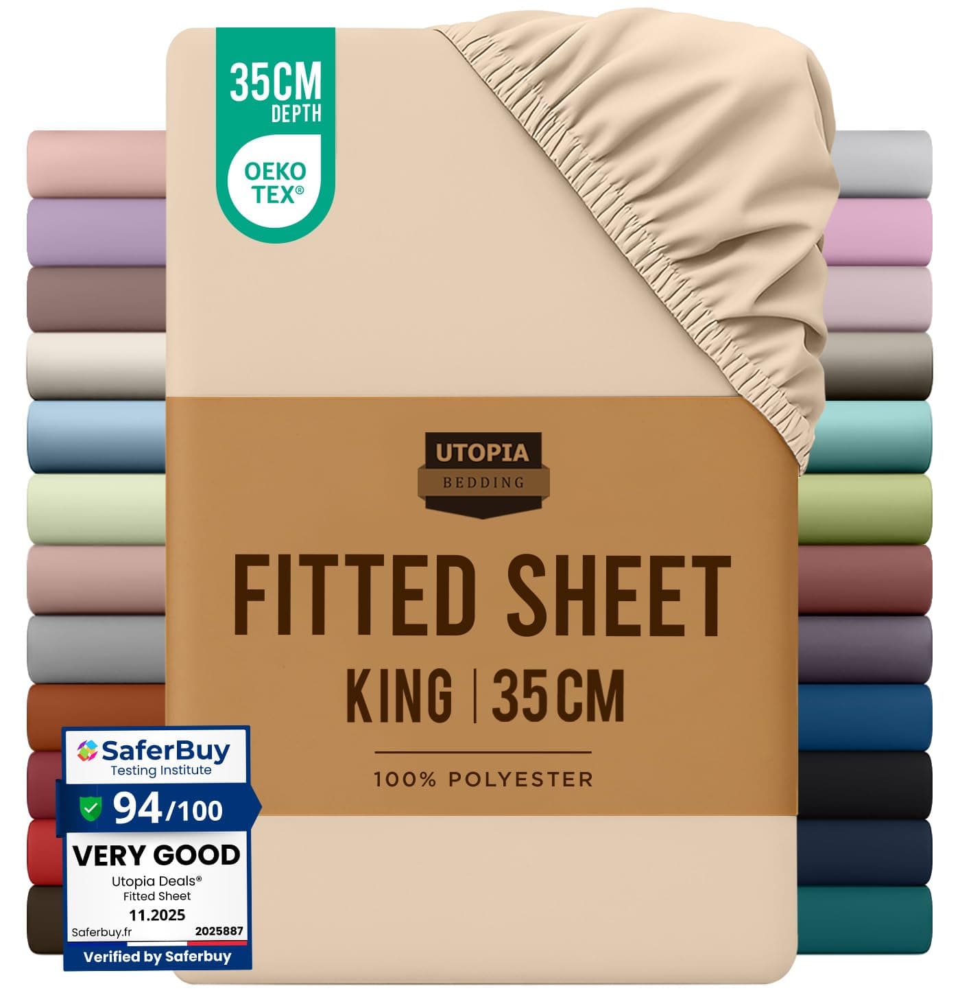 Utopia Bedding Fitted Sheet King, Beige - Deep Pocket 14 inch (35 cm) - Easy Care - OEKO-TEX Certified - Soft Brushed Microfibre Fabric - Shrinkage and Fade Resistant - Bottom Sheet