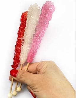 Classic Rock Candy Sticks, Sugar Rock Crystal Lollipops, Individually Wrapped (6 Count, Valentine Mix (Red Strawberry, Pink Cherry and White))