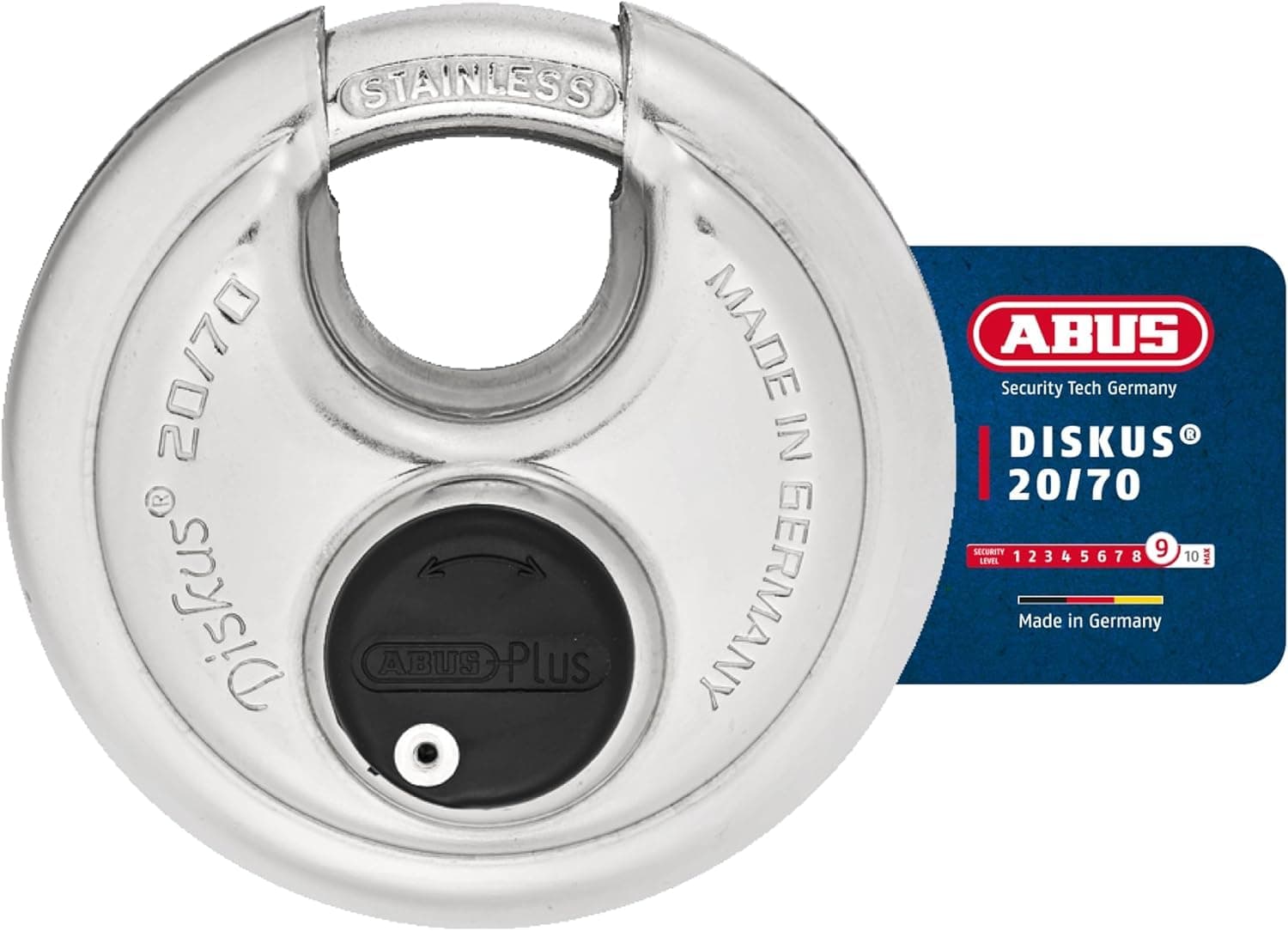 ABUS Diskus 20/70 Heavy Duty Stainless Steel Disk Padlock - Rustproof Storage Lock with 3/8" Shackle - Made in Germany - Keyed Different