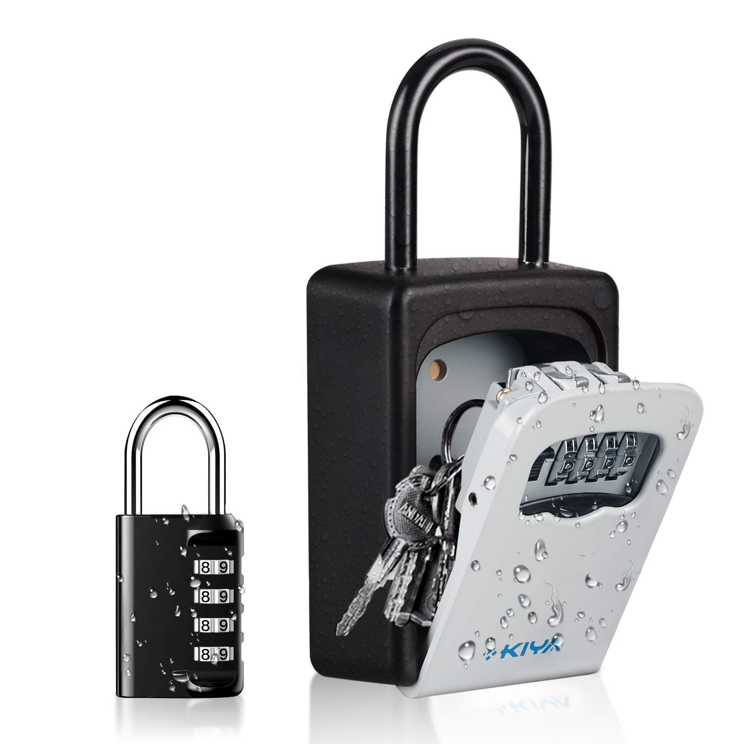 KIYA Key Lock Box, Wall Mounted Removable Shackle Resettable Code Waterproof Cover, Portable Outdoor Safe Storage Lockbox for House Key, 5 Keys Capacity for Home, Office, Hostels, Airbnb