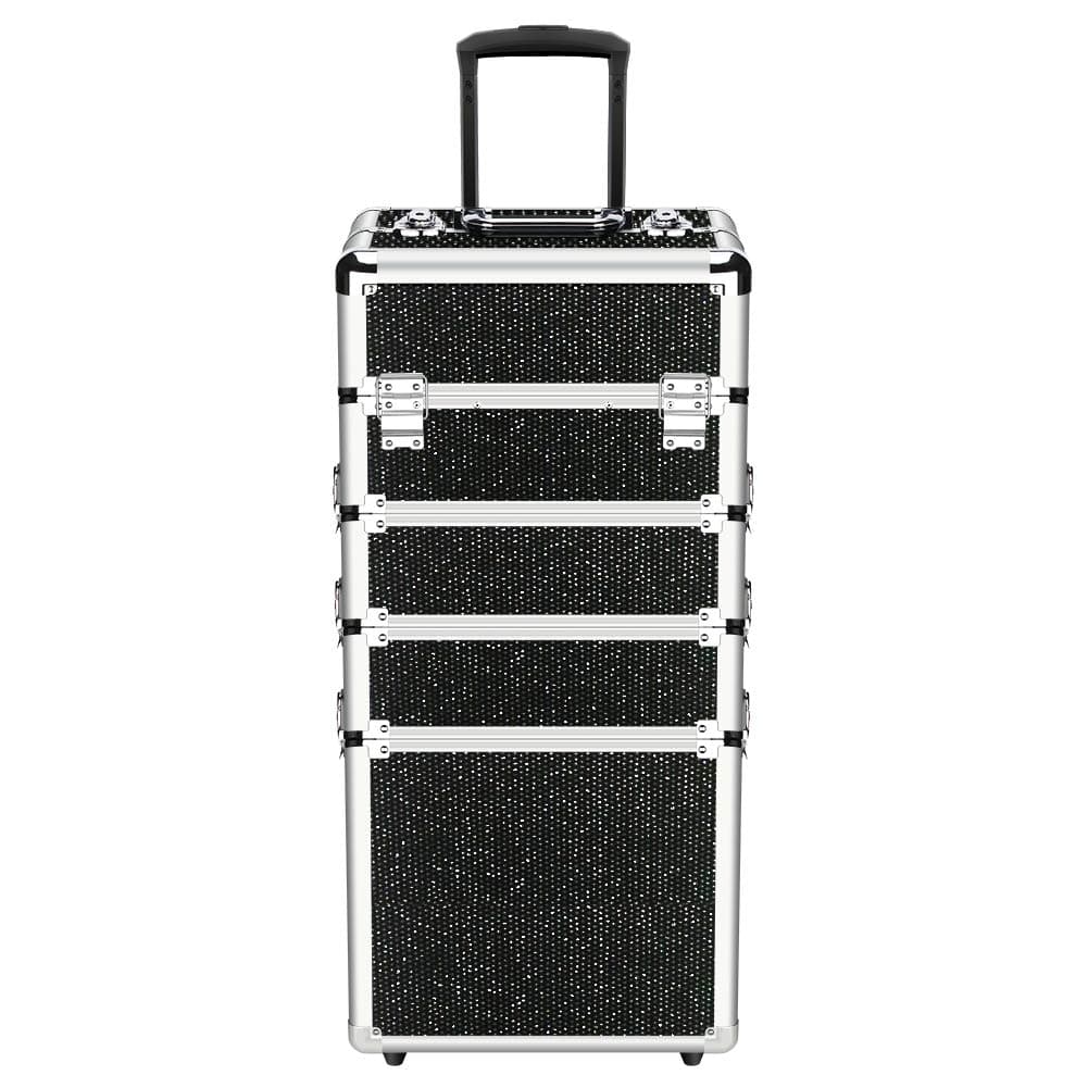 OUDMAY Makeup Case - 4 in 1 Professional Cosmetics Rolling Train Organizer with Aluminum Frame and Folding Trays Black Diamonds