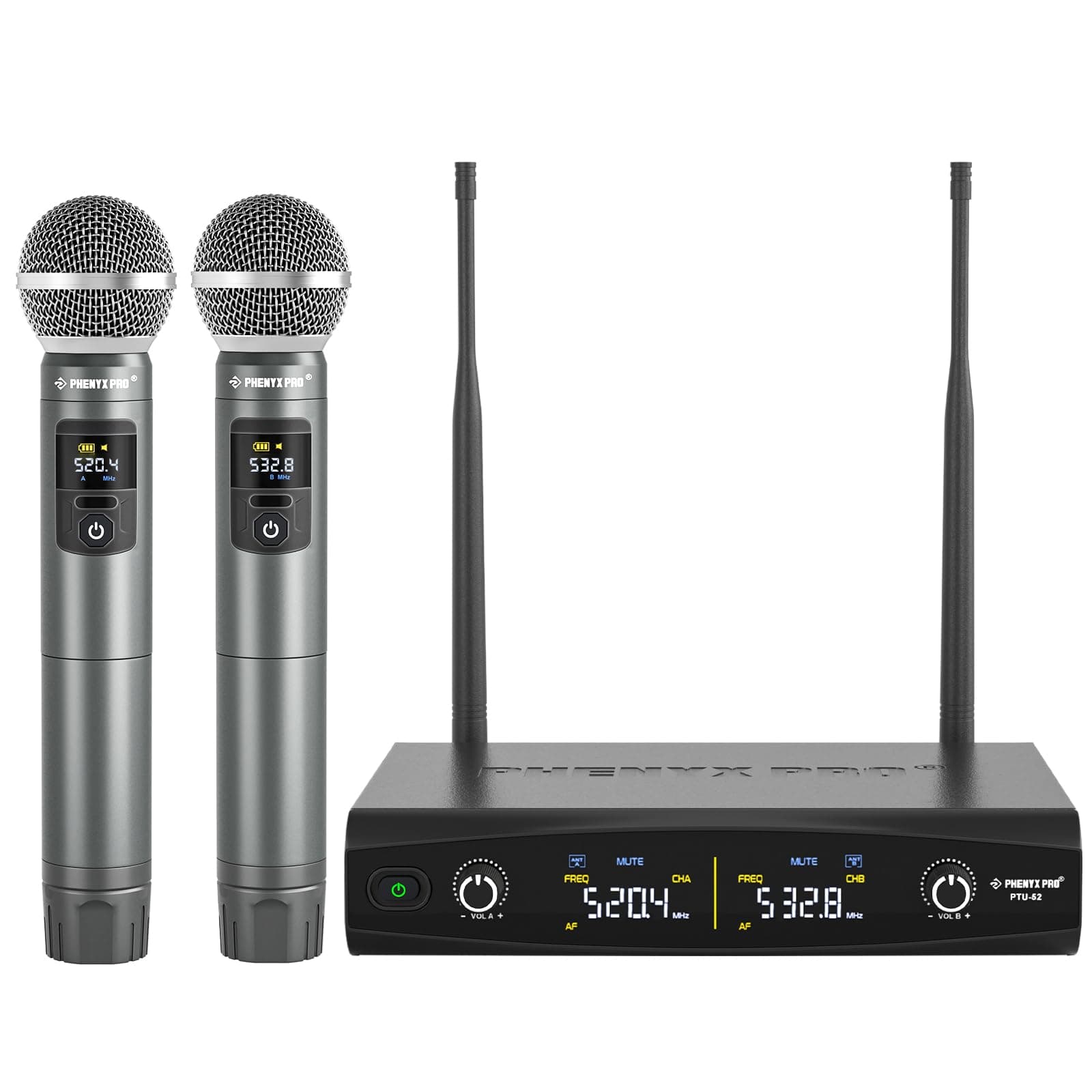 Phenyx Pro UHF Wireless Handheld Microphone System, 30 Adjustable Frequency Cordless Mic Sets, All Metal Build, 200ft Coverage, Suitable for Home Karaoke, Weddings, DJ, Church (PTU-52)