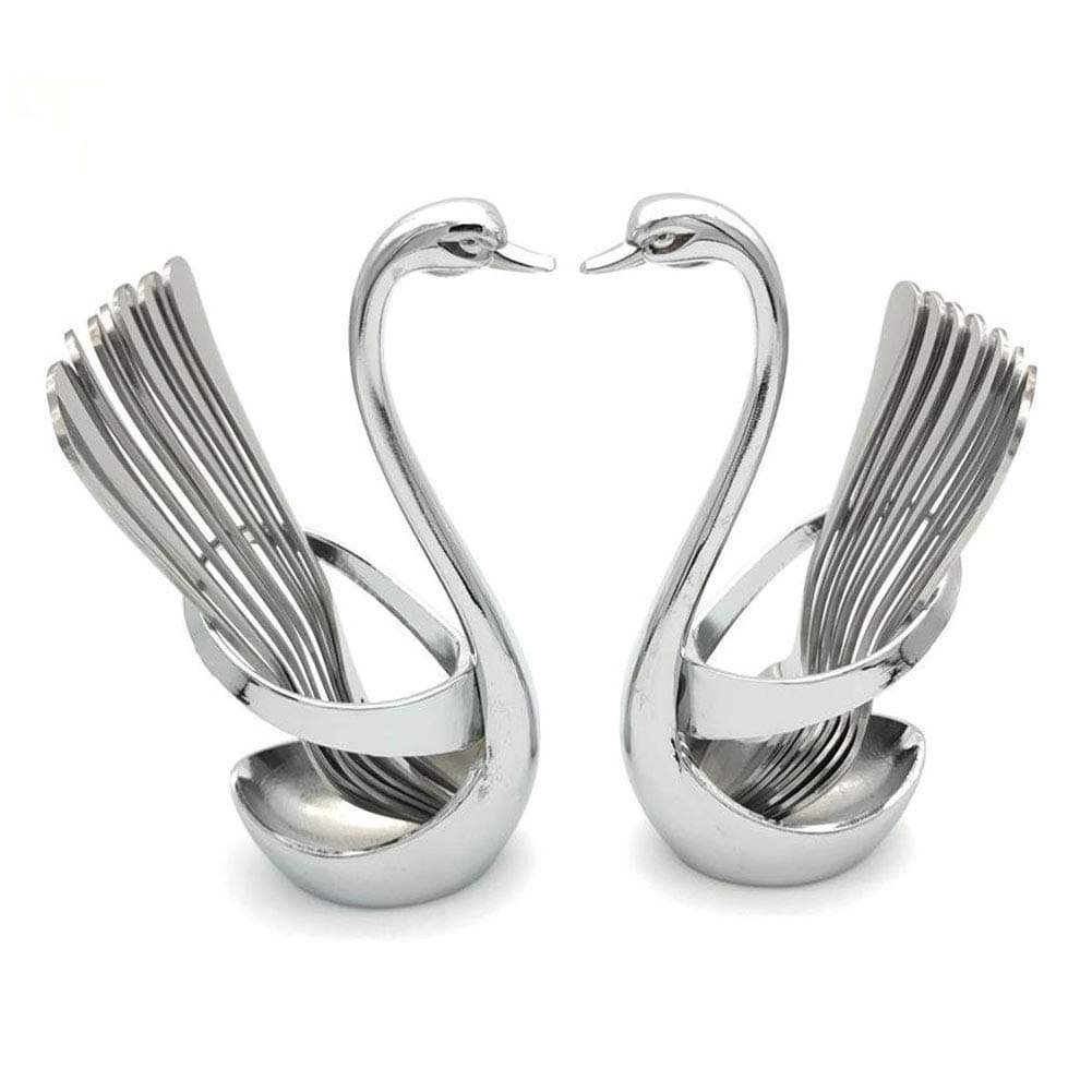 Swan Base Coffee Cutlery Decor Fruit Fork 7 pcs Stainless Steel Dinnerware Set - 14pcs (2 Swan Base Holder, 6 Forks, 6 Spoons) - Formal Flatware Set - Silver, Polished - Dishwasher Safe
