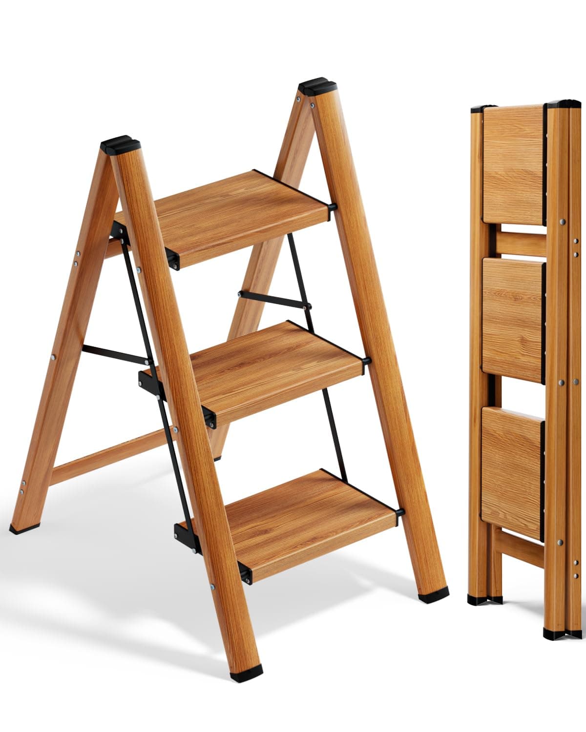 SOLADDER 3 Step Ladder, Folding Aluminum 3 Step Stool with Anti-Slip Wide Sturdy Pedal, Multi-Use for Home and Kitchen Use, Space Saving-Woodgrain(300 lbs Capacity)