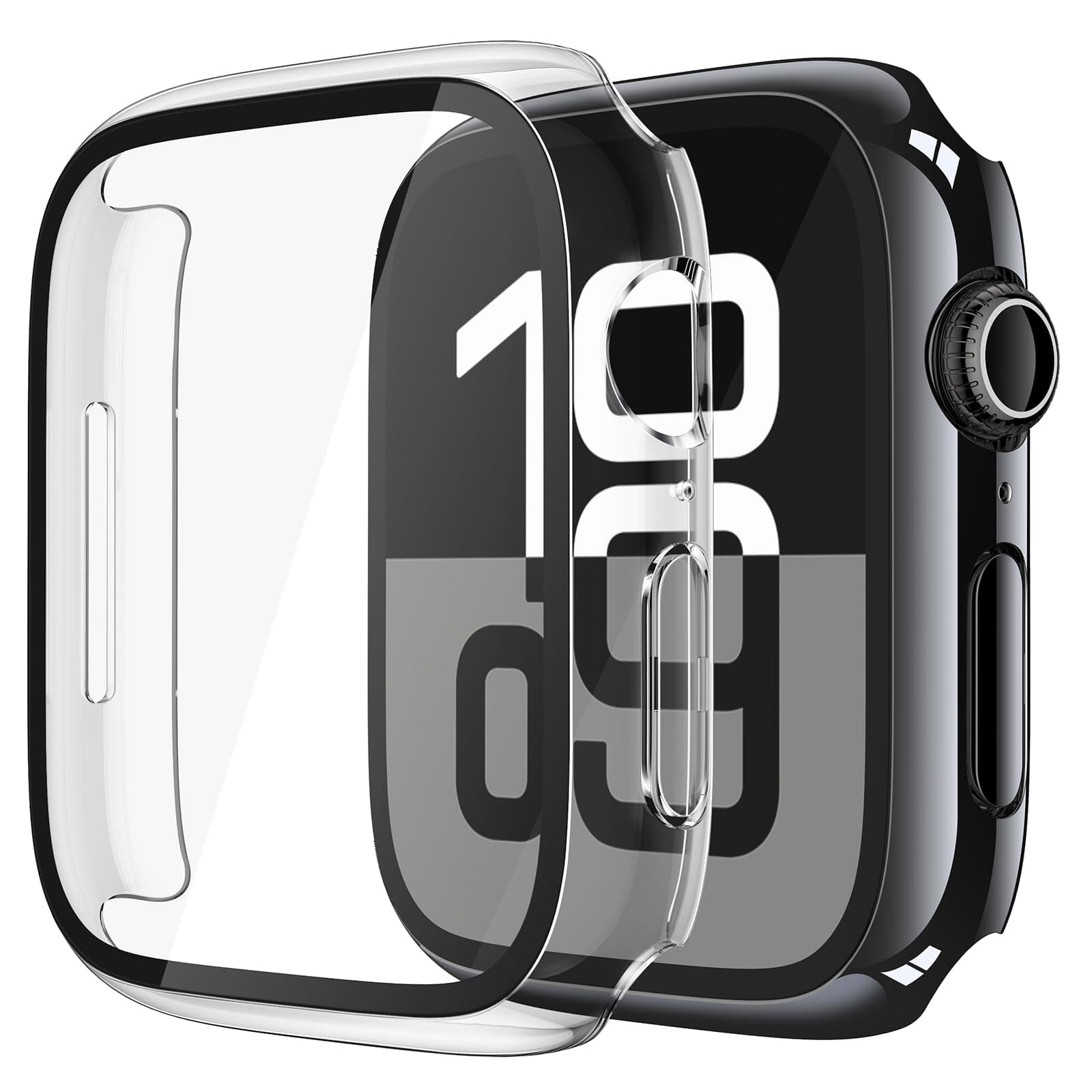 2 Pack Tempered Glass Case Compatible for Apple Watch Series 11 (2025) Series 10 42mm, Hard PC Screen Protector Overall Protection Scratch-Resistant Cover for iWatch, 1 Jet Black + 1 Transparent