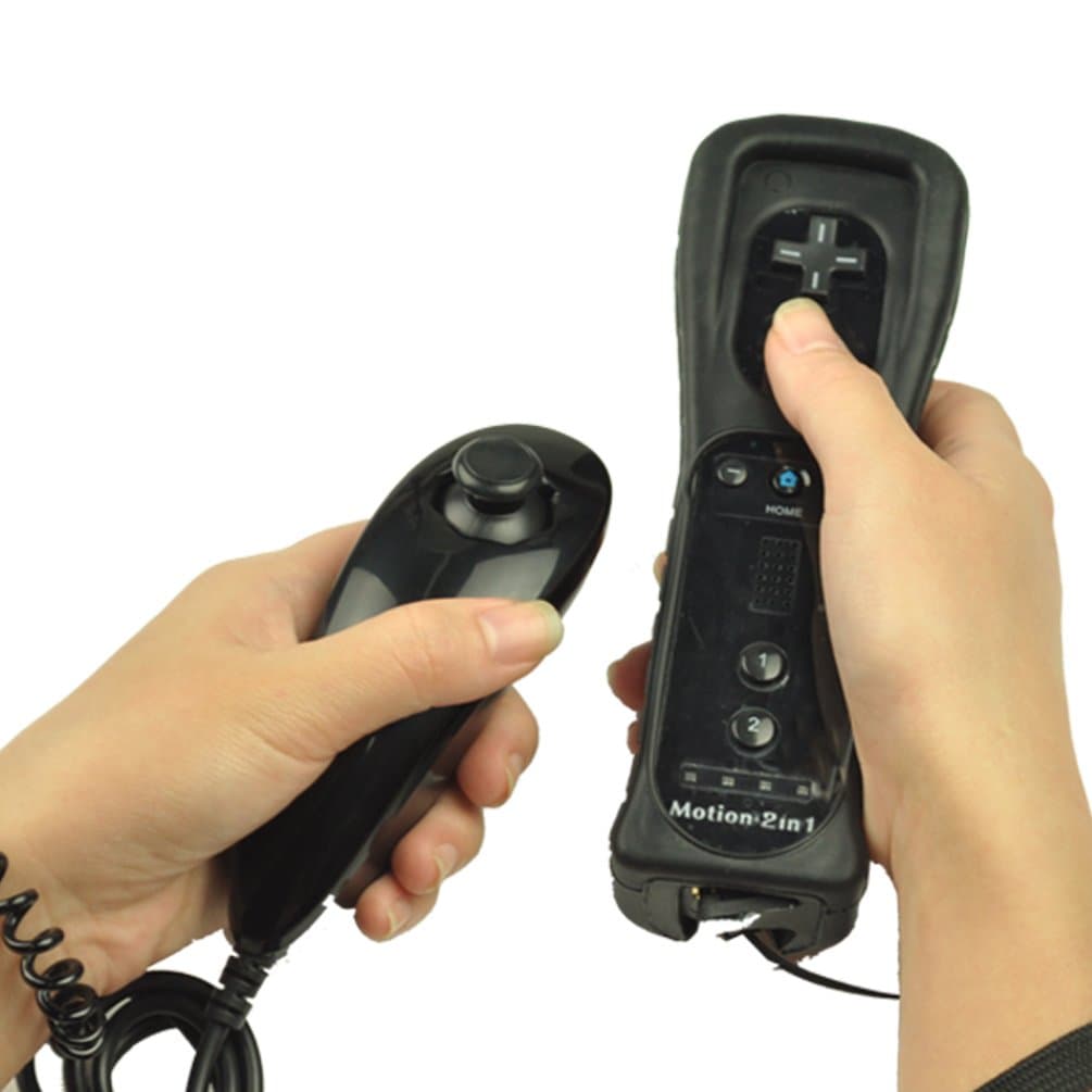 Built in Motion Plus Remote And Nunchuck Controller For Nintendo Wii Game + Case Black