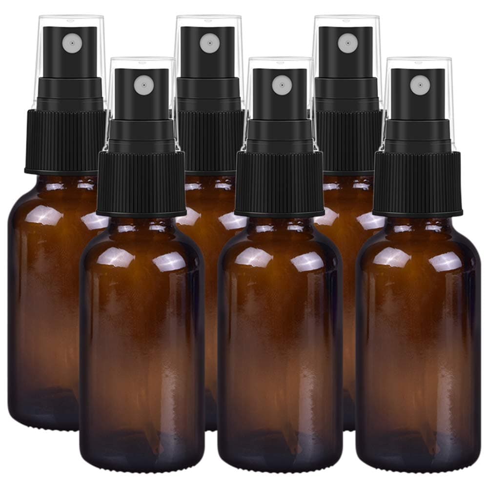 1oz 30ml Empty Amber Glass Spray Bottles, Refillable Containers for Essential Oils, Cleaning Products, Aromatherapy, Durable Black Trigger Sprayer Fine Mist 6 Pack