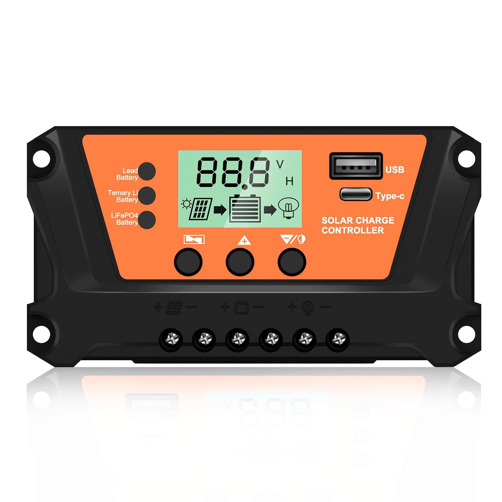 10A PWM Solar Charge Controller 12V/24V Intelligent Regulator with USB 5V/2A and Type-c Outputs, Auto Parameter LCD Display and Timer Setting ON/Off Hours