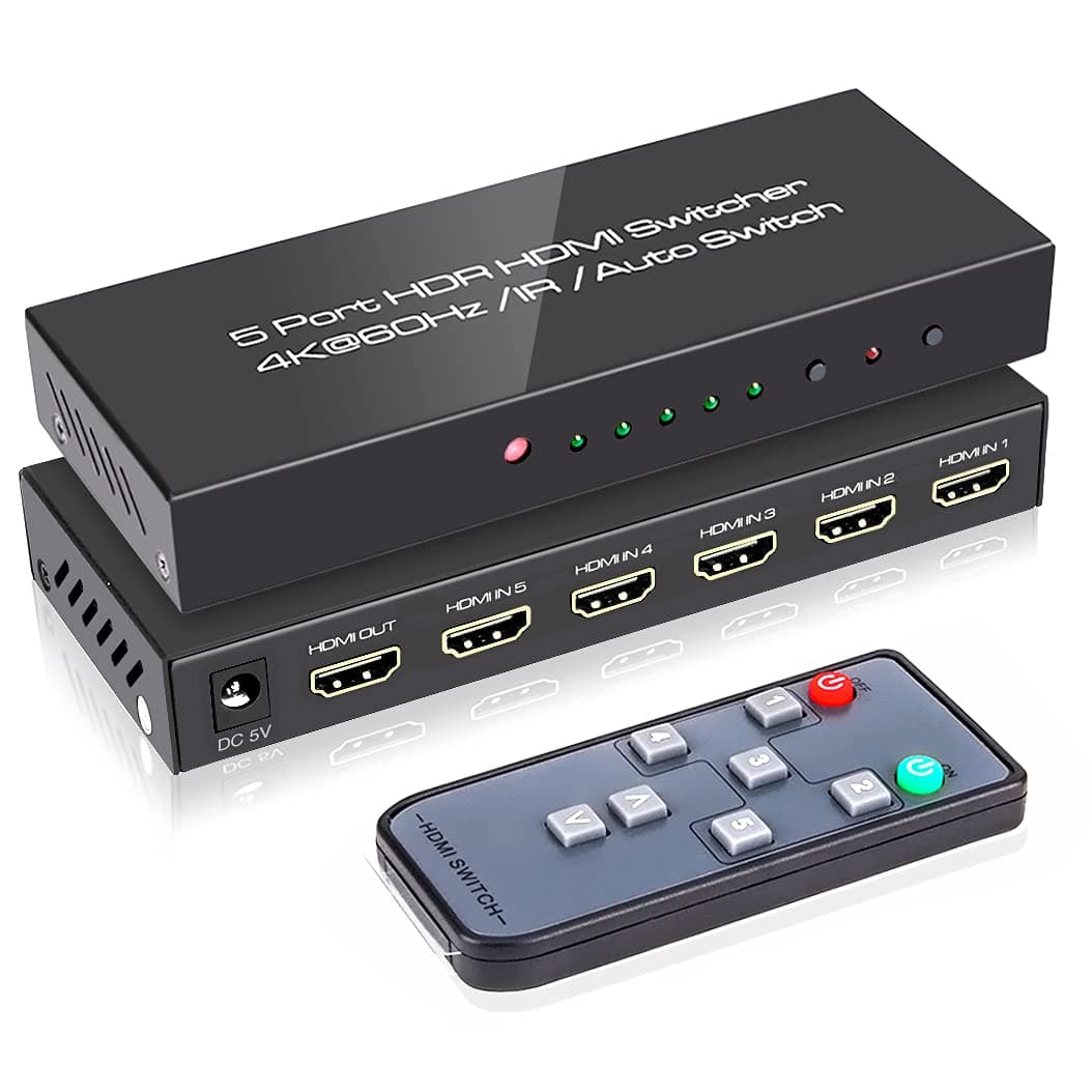 ROOFULL 5 Port 4K HDMI Switch with Remote 5 in 1 Out 4K@60Hz HDMI 2.0 Video Switcher Selector, Dolby Vision/Atmos Auto-Switching HDCP 2.2 HDR 10 CEC 18Gbps for PS5/4Pro Xbox Apple TV