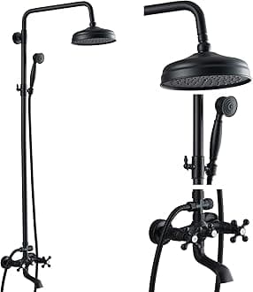 gotonovoBathroom Shower Faucet Rain Mixer 8 Inch Round Shower Head Double Cross Handle with Tub Spout Wall Mount Bathroom Shower Fixtures 3 Function Metal Handheld Sprayer Matte Black