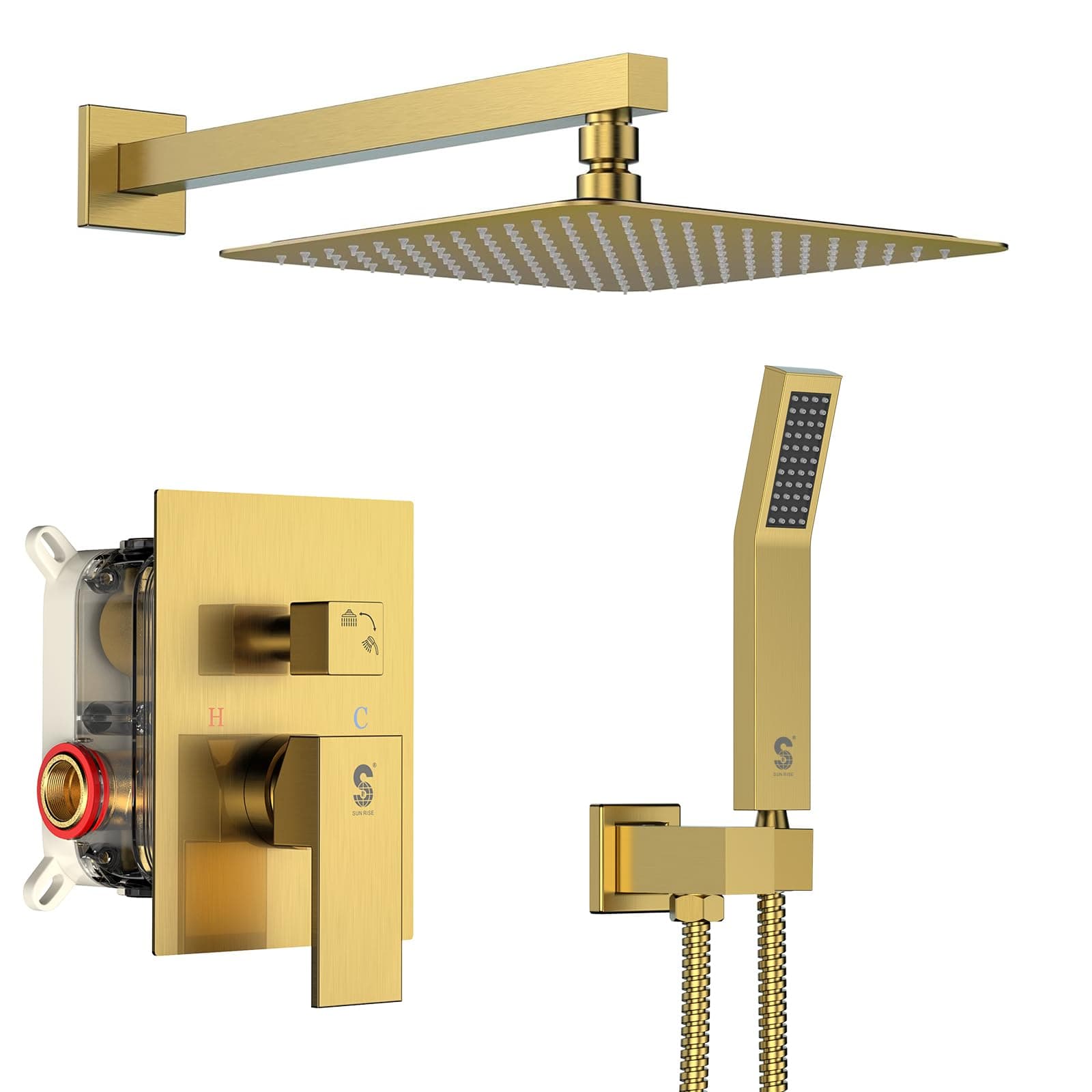 SR SUN RISE Shower Faucets Sets Complete Brushed Gold Square Rain Shower Head with Handheld Spray All Metal Shower Faucet Trim Repair Kits (Contain Shower Valve)