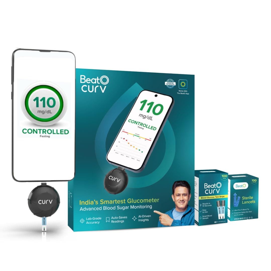 CURV Sugar Test Machine | FREE 100 Strips & 100 Lancets (Type-C USB Connector) | Simple & accurate testing of Blood sugar levels at home |Smartphone Connected Glucometer Machine | Android only | ISO Certified: Made in India