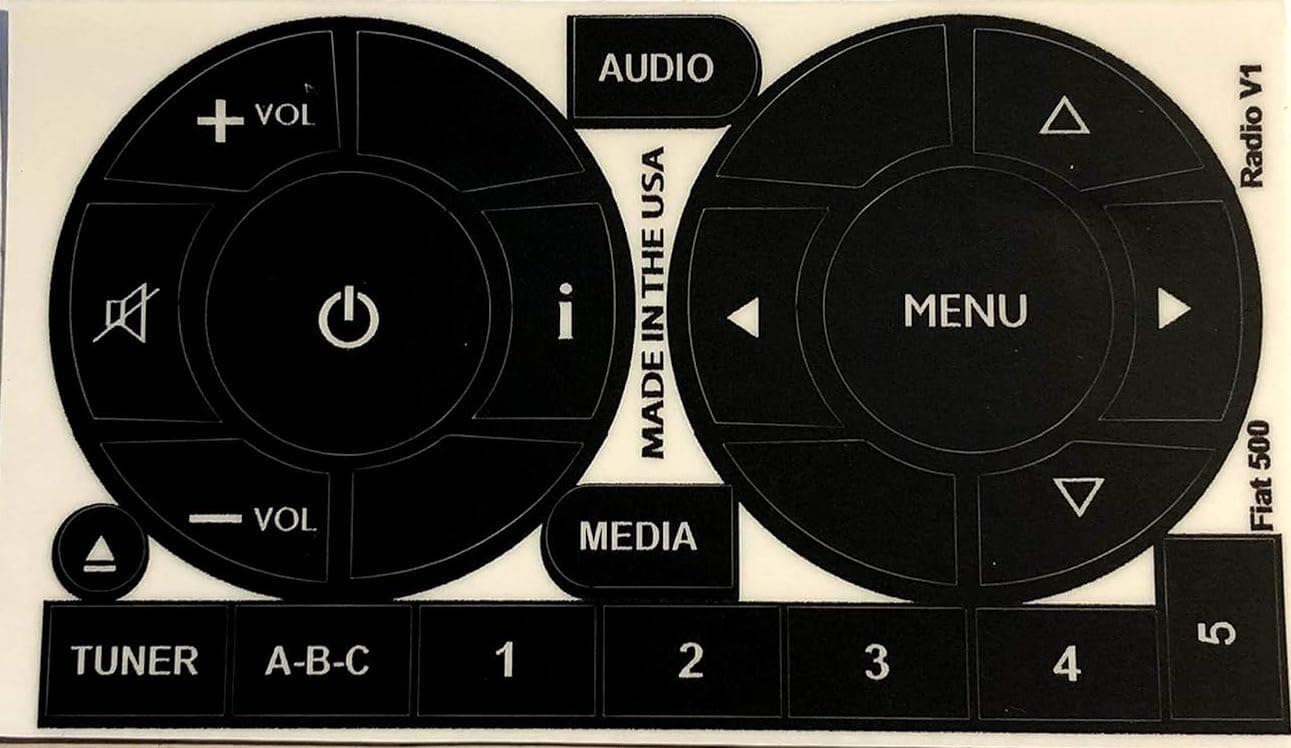 Replacement Radio Head Unit Button Stickers Decals for 2011-2016 Fiat 500 Fix Your Worn, Peeling, Flaking Radio Buttons with These Made in The USA Decals!