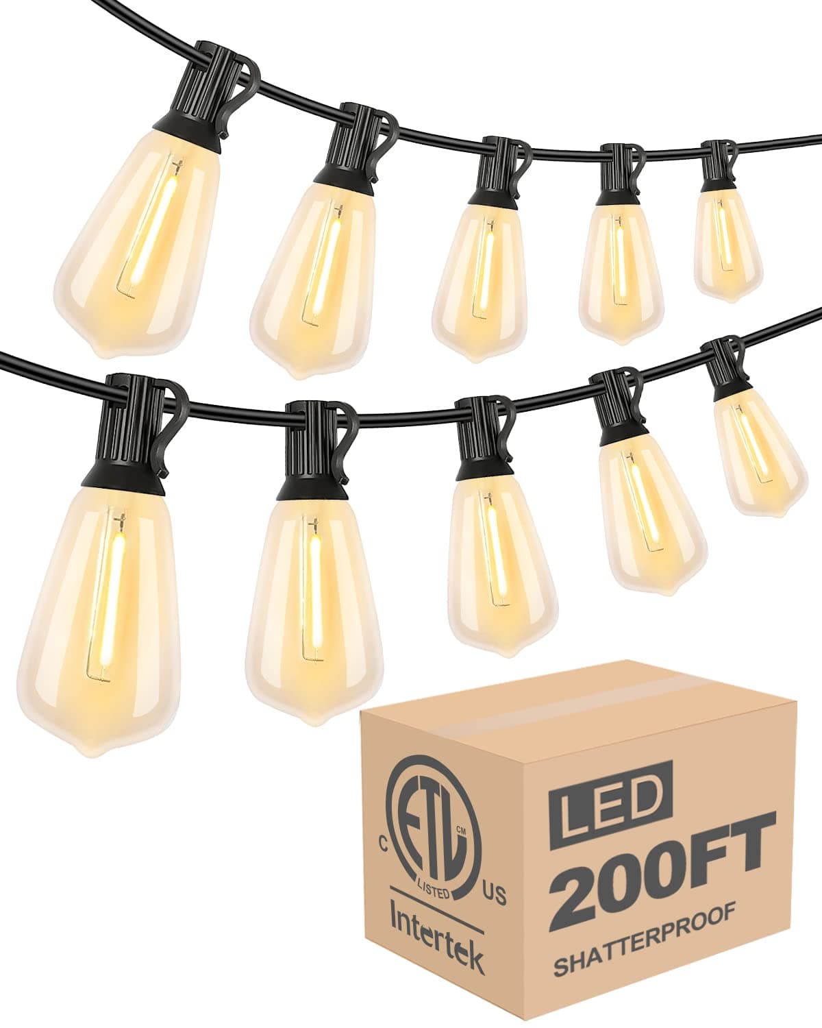 Lightdot 200FT Outdoor String Lights, LED Bistro String Lights with Shatterproof ST38 Vintage Bulbs, 2200K Dimmable, Waterproof Hanging Lights for Porch, Deck, Garden, Backyard, Balcony - ETL Listed