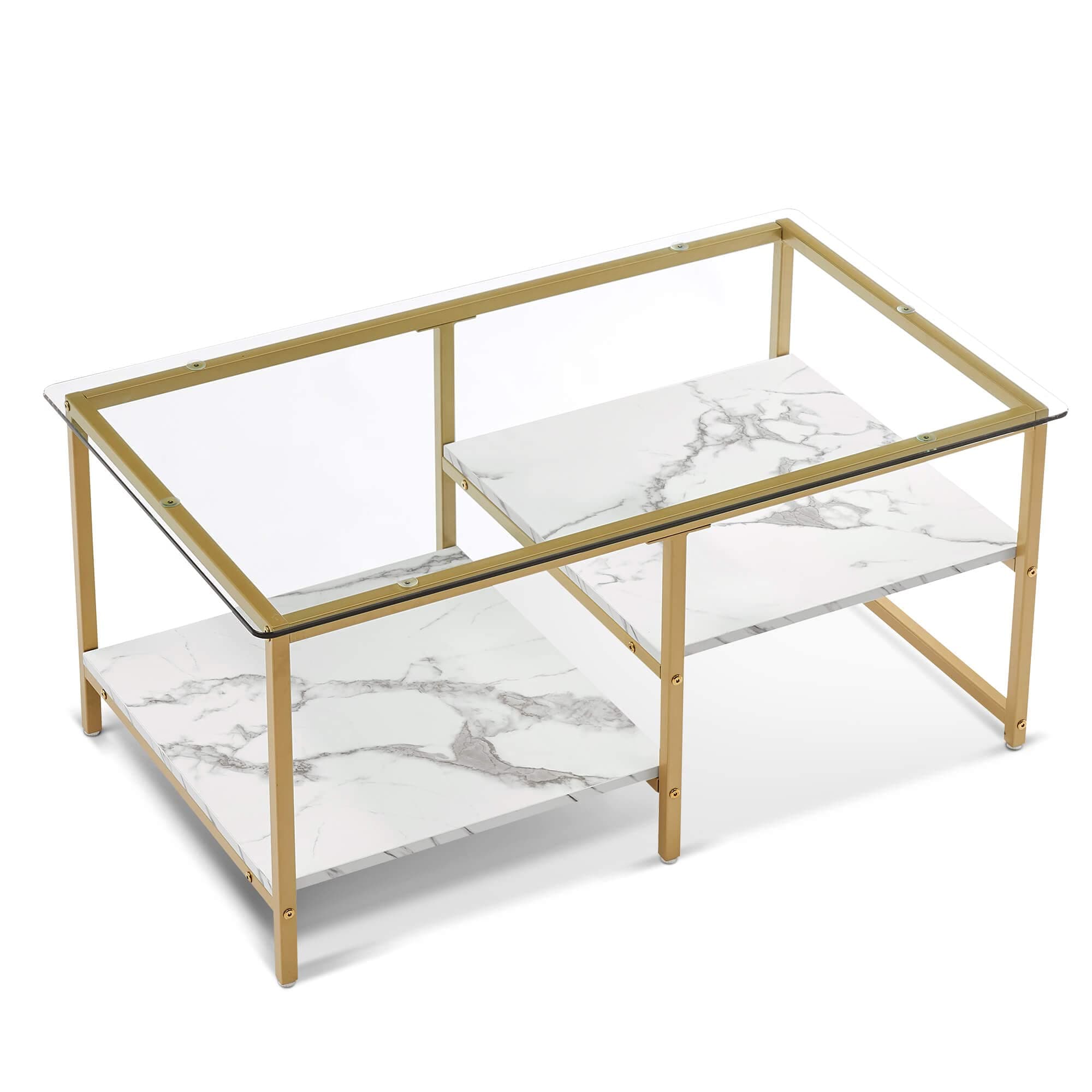 ivintaRectangular Coffee Table, Tempered Glass Top Coffee Table with Gold Metal Frame, Modern Coffee Table for Living Room, Storage Coffee Table with Faux Marble Shelves
