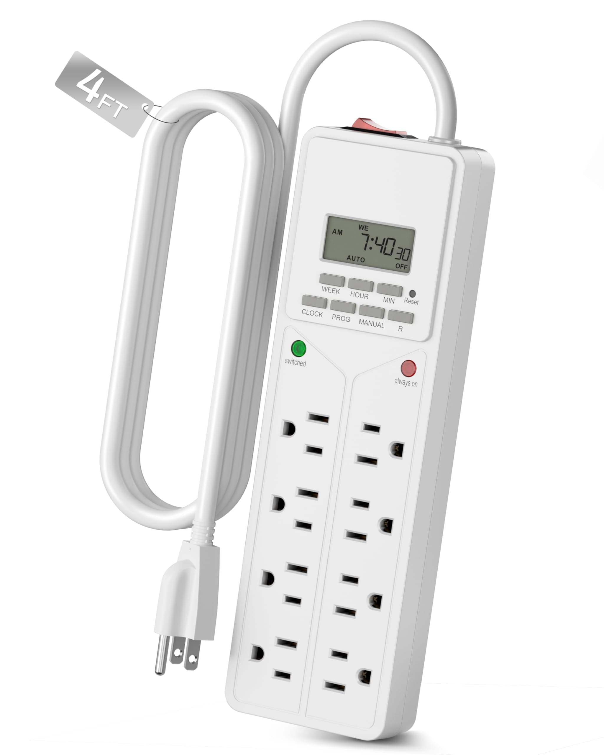 BN-LINK 8 Outlet Surge Protector with 7-Day Digital Timer (4 Outlets Timed, 4 Outlets Always On) - White