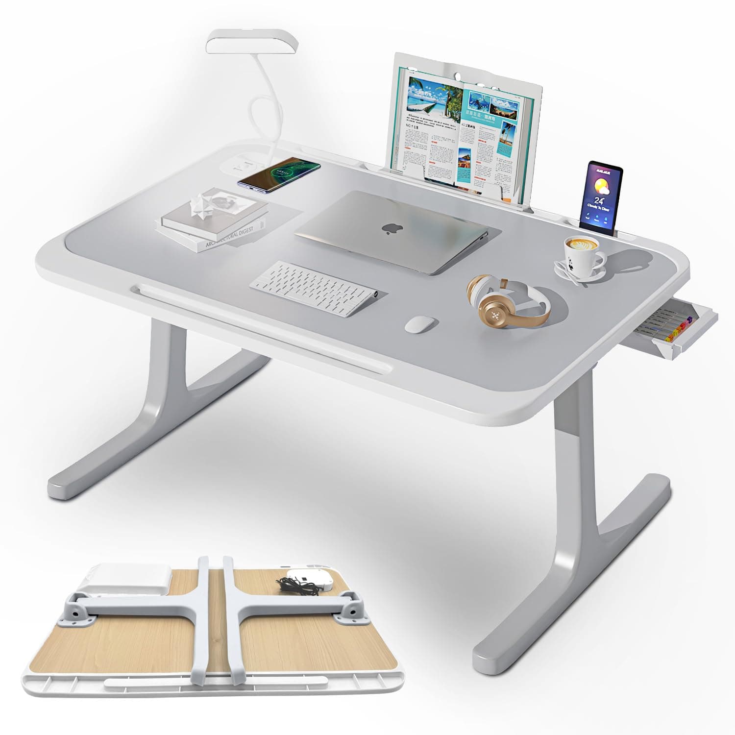 Laptop Bed Desk with LED Light, Foldable Laptop Table Non-slip Computer Tray for Bed with Book Stand, USB Port & Wireless Charging, Portable Dormitory Study Desk Side Drawer for Work Reading