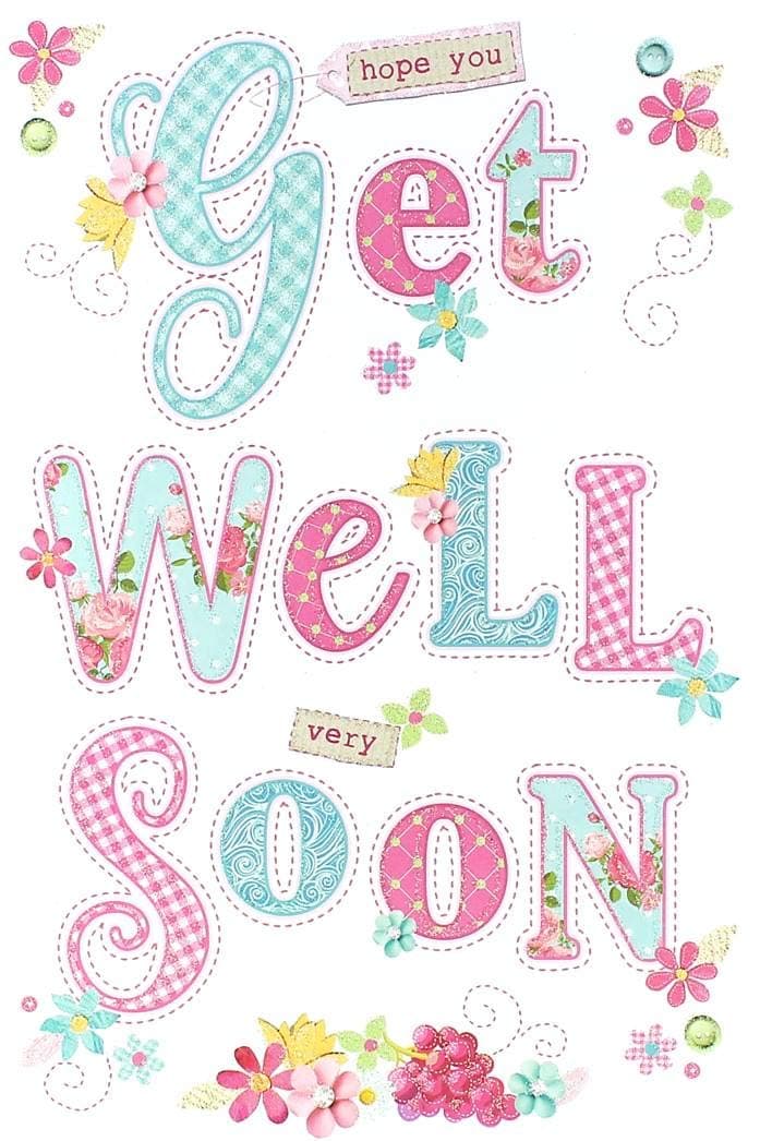 Get Well Soon Greetings Card - Blue Patterned Text & Pink Flowers 8.5" x 5.5"