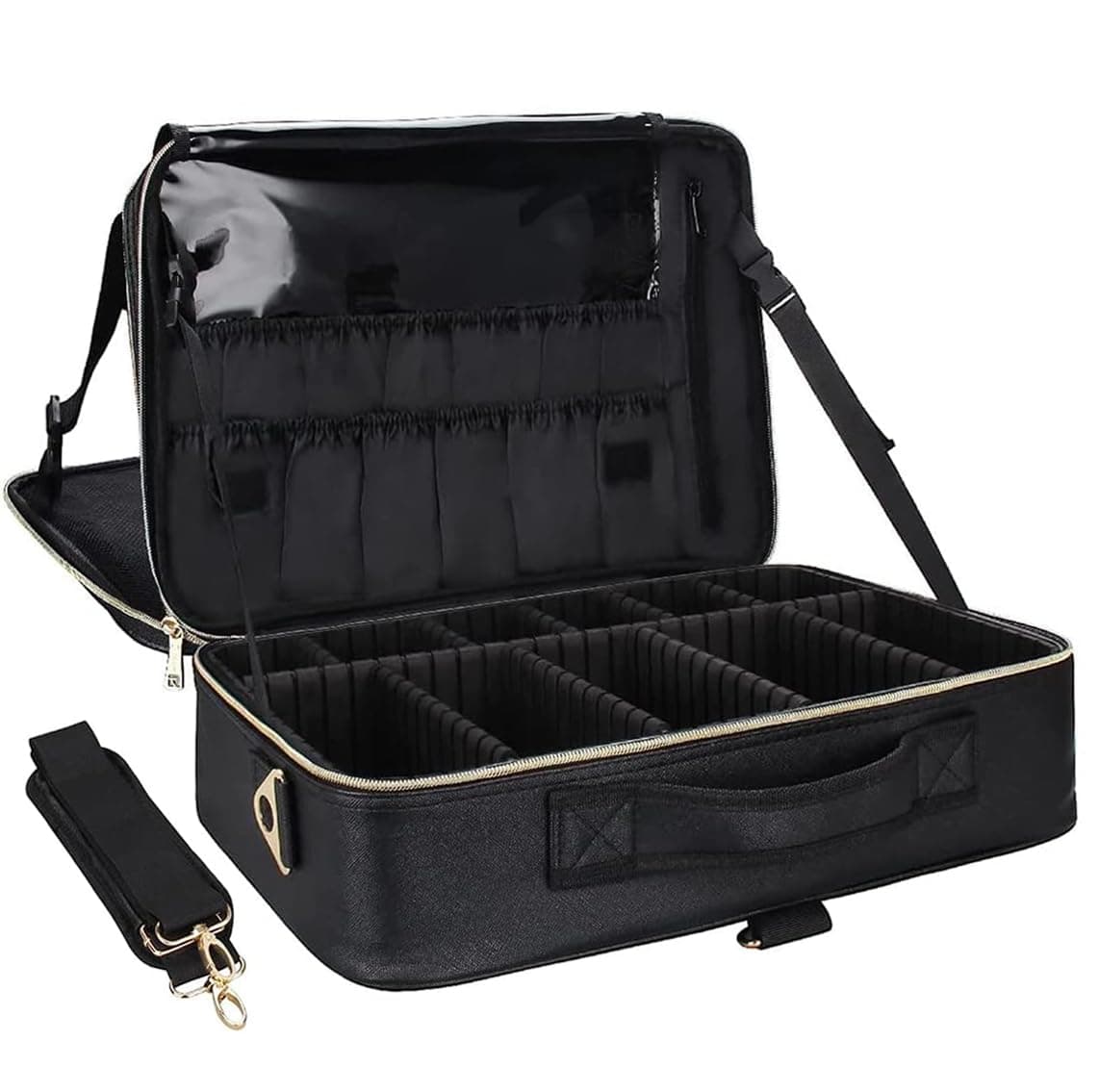 Makeup Case Large Makeup Bag Professional Train Case 16.5 inches Travel Cosmetic Organizer Brush Holder Waterproof Makeup Artist Storage Box, Large Capacity (Leather Black)
