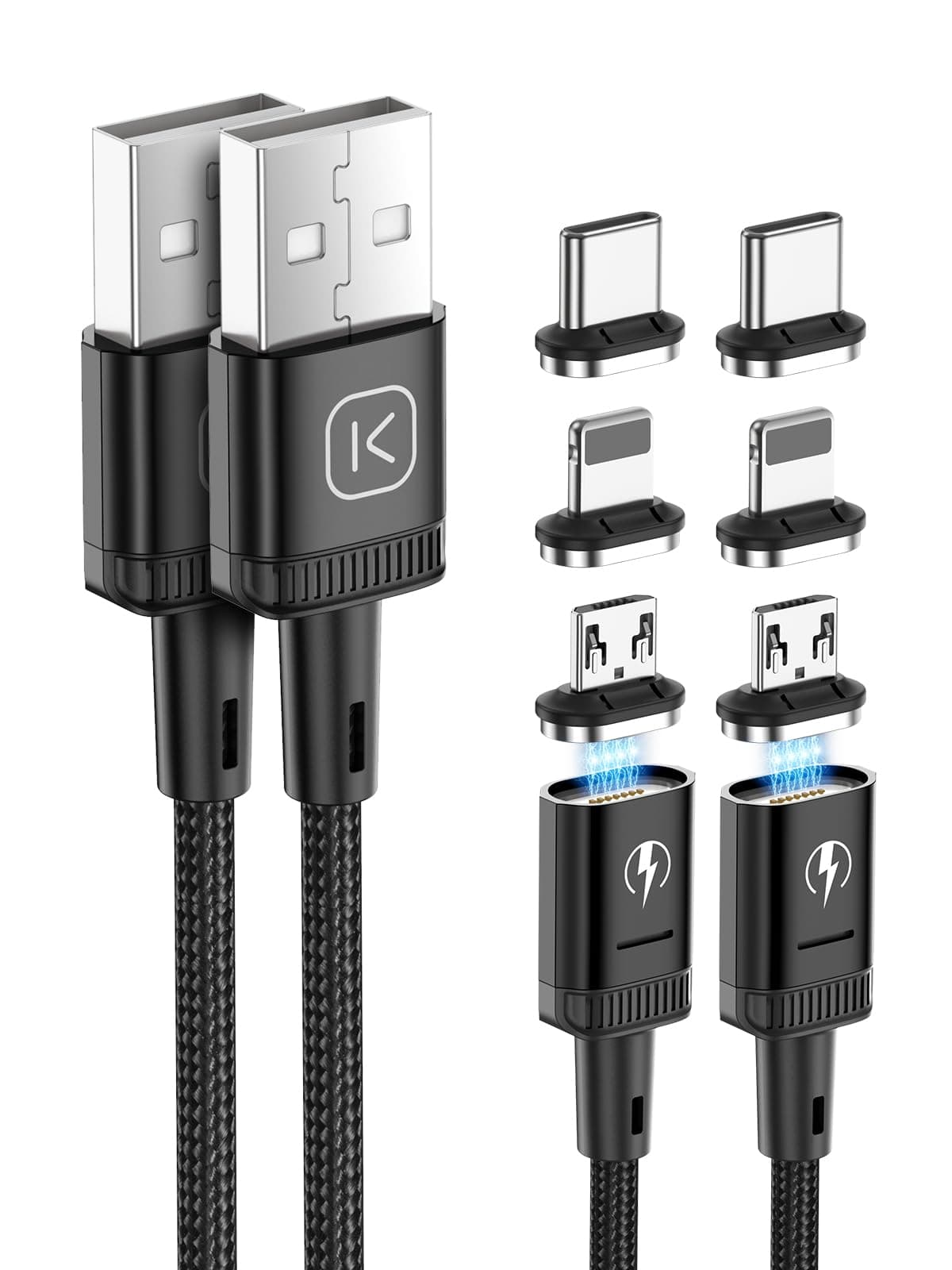 3-in-1 Magnetic Charging Cable 2 Pack (1M + 2M) Nylon Braided USB C Data Cable for iPhone/Samsung/Micro USB Devices, Black