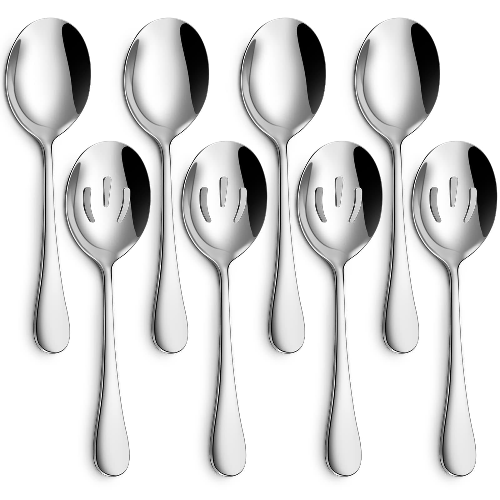 Hiware 8-Piece Serving Set - Includes 4 Spoons and 4 Slotted Spoons, 18/8 Stainless Steel Buffet Utensils - Mirror Polished, Dishwasher Safe, 8.6-Inch