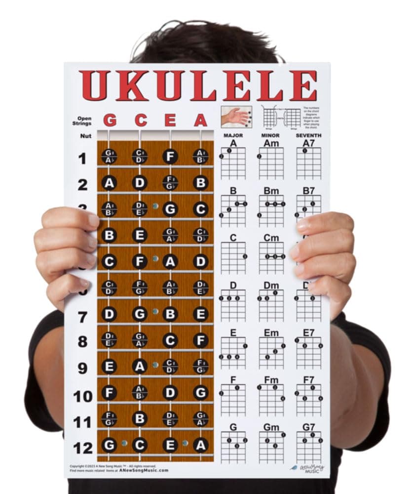 Laminated Ukulele Fretboard & Chord Chart Poster for Beginners 11x17 | Soprano Concert Tenor | gCEA Tuning | Essential Chords | Durable Easy to Read | Perfect Uke Gift | Made in USA | A New Song Music