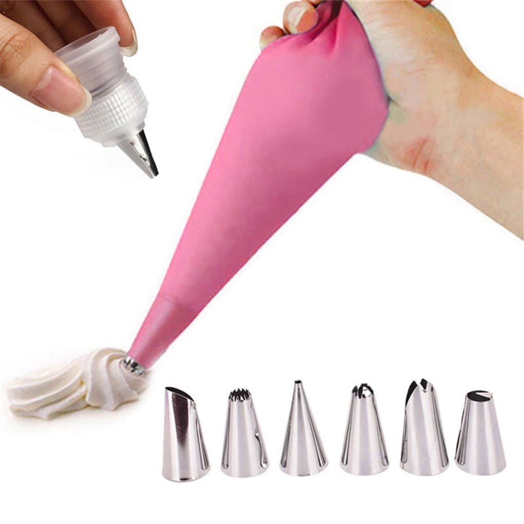 Flushzing 8 PCS/Set Cake Decorating Tips Set Icing Piping Cream Pastry Bag with 6 pcs Stainless Steel Nozzle Set DIY Cake Decorating Tools