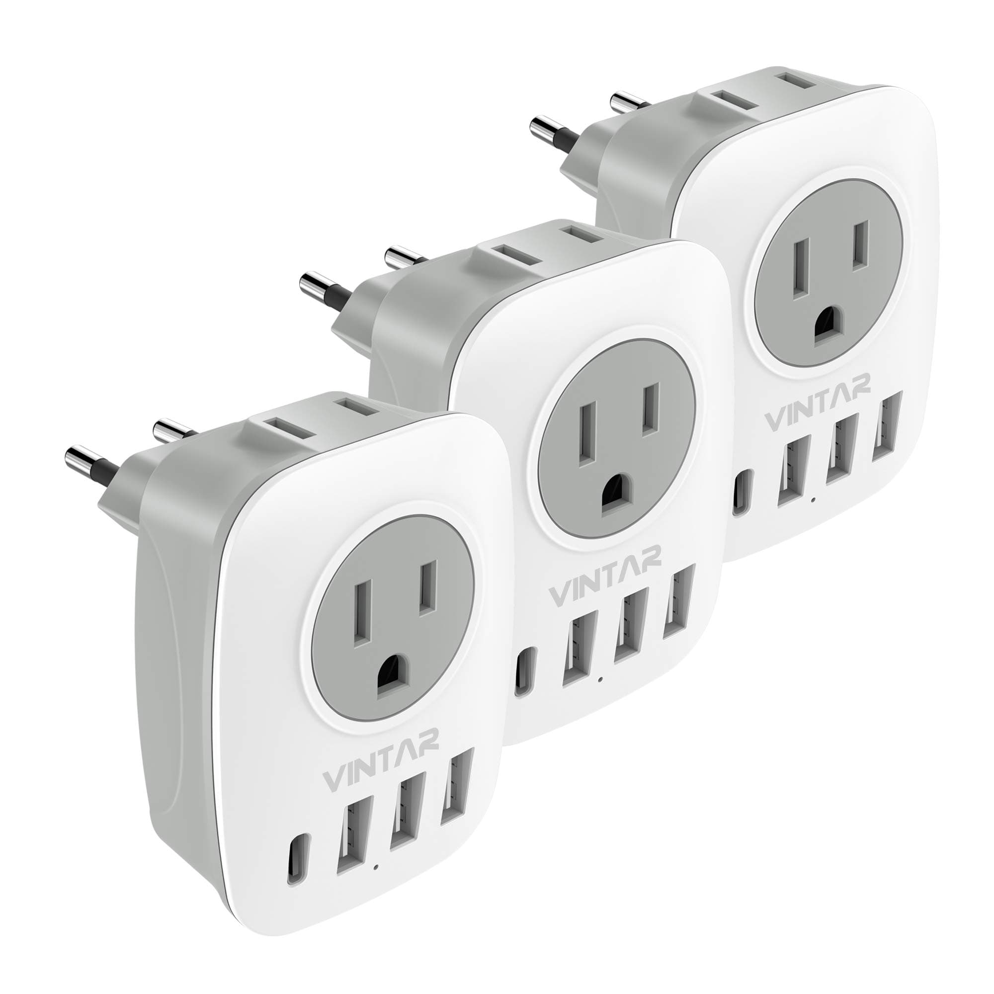 3 Pack European Travel Plug Adapter, VINTAR International Power Plug Adapter with 2 American Outlets, 1 USB C and 3 USB Ports, 6 in 1 Travel Essentials to France, German, Italy, Spain (Type C)