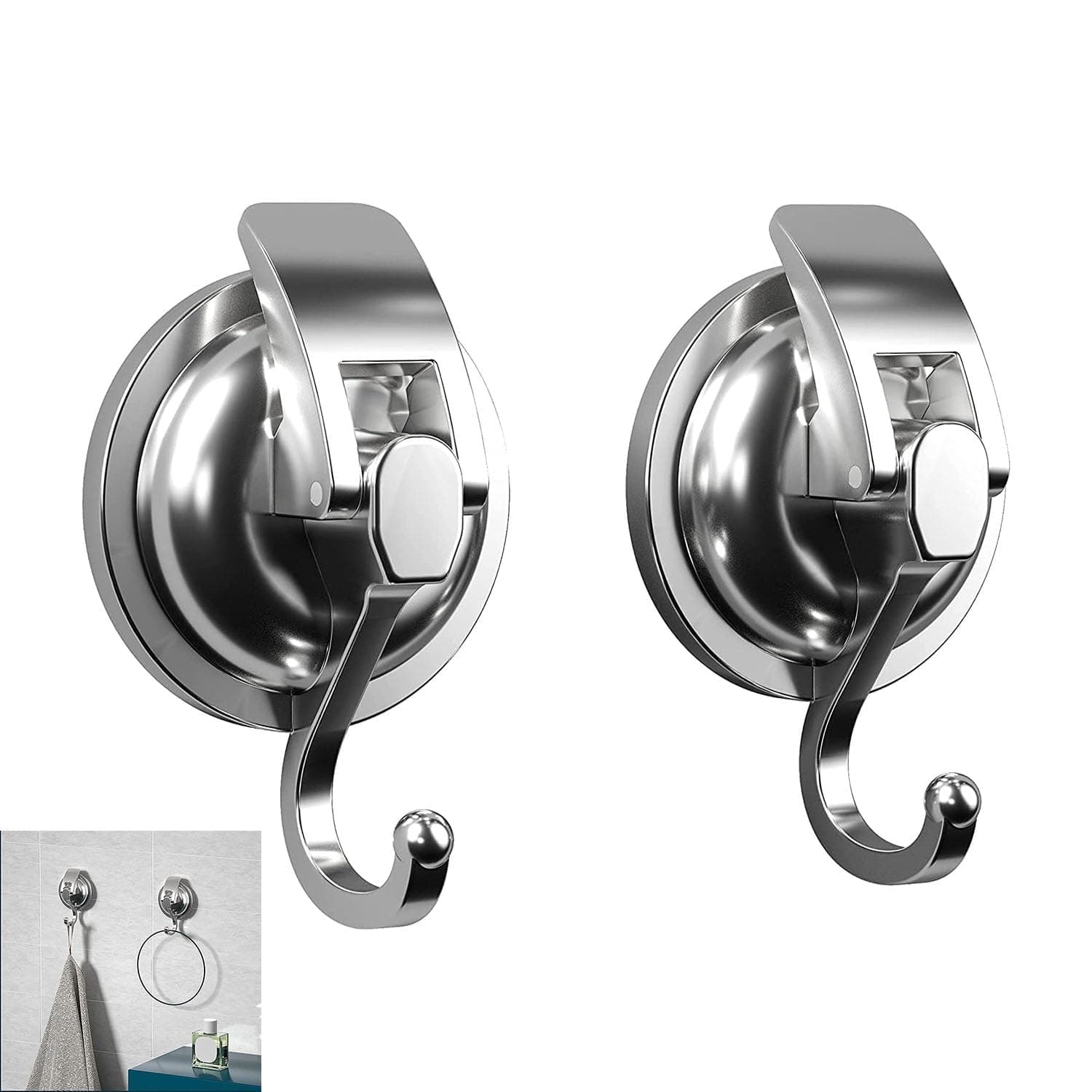 Aputue Suction Cup Hooks, 2 Pack Easy to Install Shower Heavy Duty Suction Cup Hooks, Super Suction Heavy Suction Cup Hooks for Indoor, Vacuum Suction Cup Hooks for Kitchen Bathroom (silver)