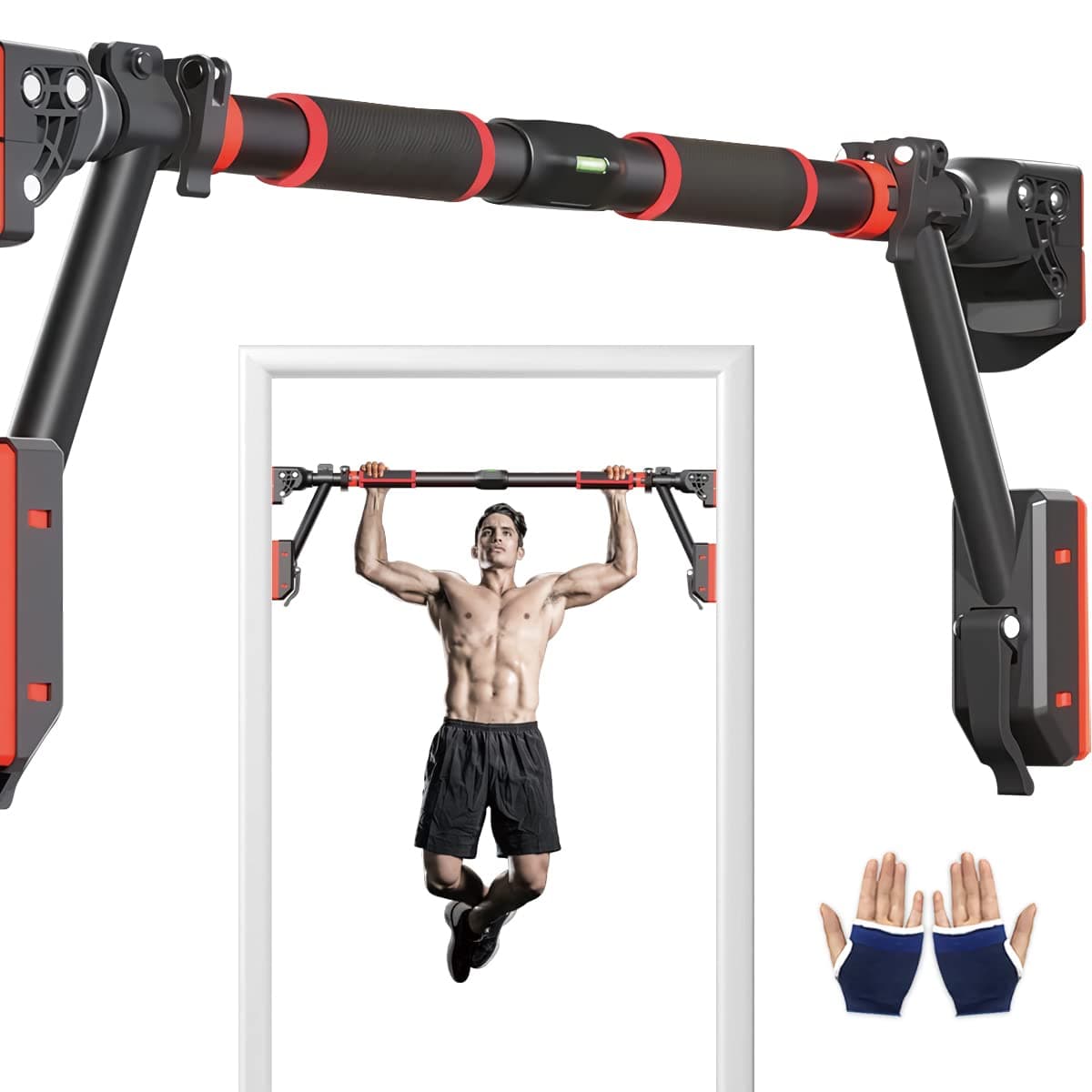 Pull Up Bar Doorway, Door Frame Chin Up Bar with Locking Adjustable Width Upper Body Workout with Level Meter No Screw Wall Mounted Gym Trainer Non-Slip Door Exercise Equipment for Home Fitness Sports