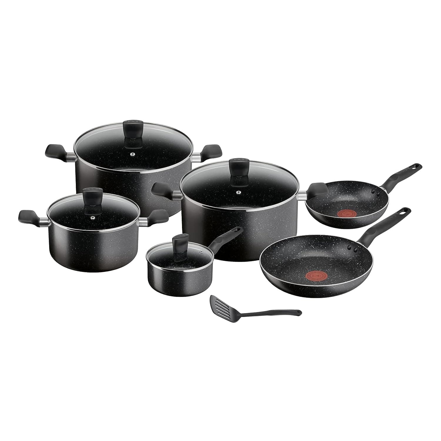 TEFAL Cookware Set | Dark Stone 11 pc Cooking set |Non-stick | Stewpots 22/24/28 cm, saucepan 16 cm, frypans 20/28 cm, slotted spatula | With Thermo Signal | Aluminium | 2 Year Warranty | B491BS85