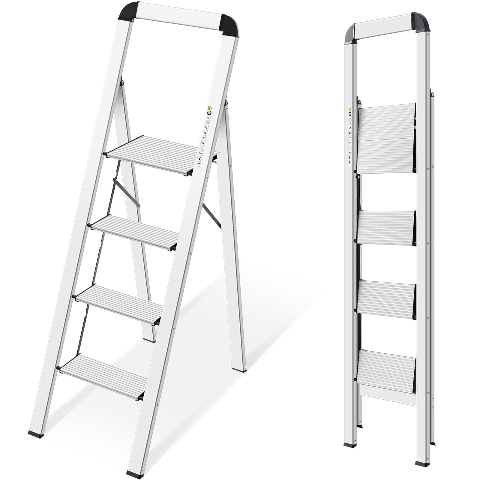 KINGRACK Folding Step Ladder - 4 Steps, Non-Slip, Aluminium, Max Load 150 kg, Silver