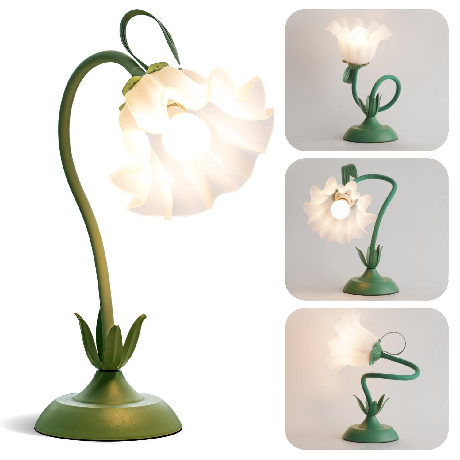 Flower Table Lamp, LED Reading Light Vintage Bedside Table Lamp with 3 Color Modes for Nightstand, Kawaii Decoration for Home Bedroom Living Room (Green)