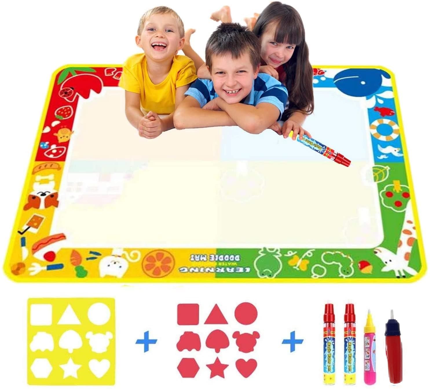 Rangebow Massive Aqua Magic Water Doodle Mat Drawing Painting Pad Multi Coloured No Mess Draw 4 Magic Water Pens 8 Eva Stamps with a Mould Educational Toy Birthday Gifts for Boys Girls