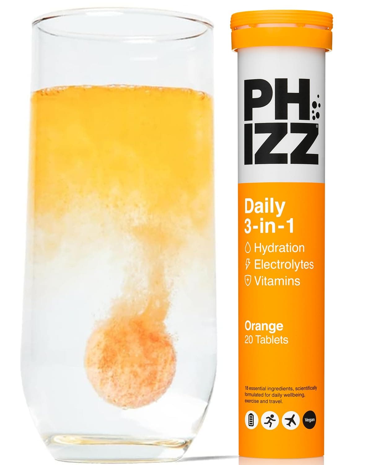 Phizz Electrolytes, Multivitamin & Hydration Tablets - 20 Effervescent Rehydration Electrolyte Tablets - 18 Vitamins & Minerals, Vitamin C, Vegan, Vegetarian & Low Calorie (Orange, 20 Count)