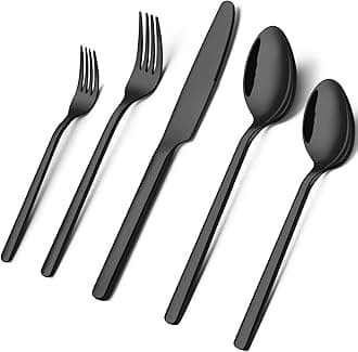 KINGSTONE 20 Piece Flatware Set, Stainless Steel Silverware Cutlery Set for 4, Black Mirror Finish Eating Tableware Set, Eating Utensils Set for Home Kitchen and Restaurant