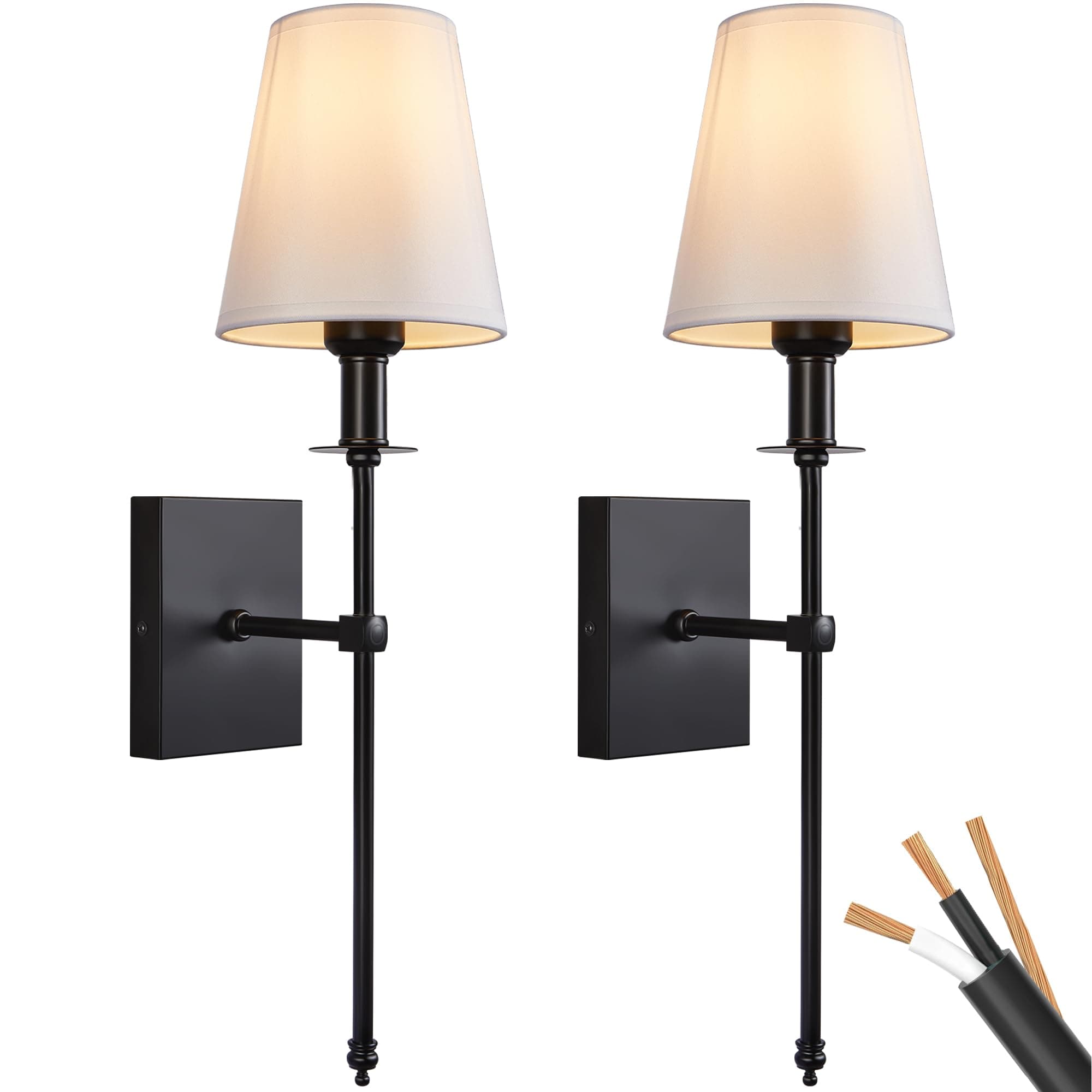 Hardwired Wall Sconces Set of Two 2 Pack Black with Vertical Rod and White Fabric Flared Shade,Versatile Used in Bathroom Stairway Fireplace Living Room Bedroom Farmhouse Nightstands