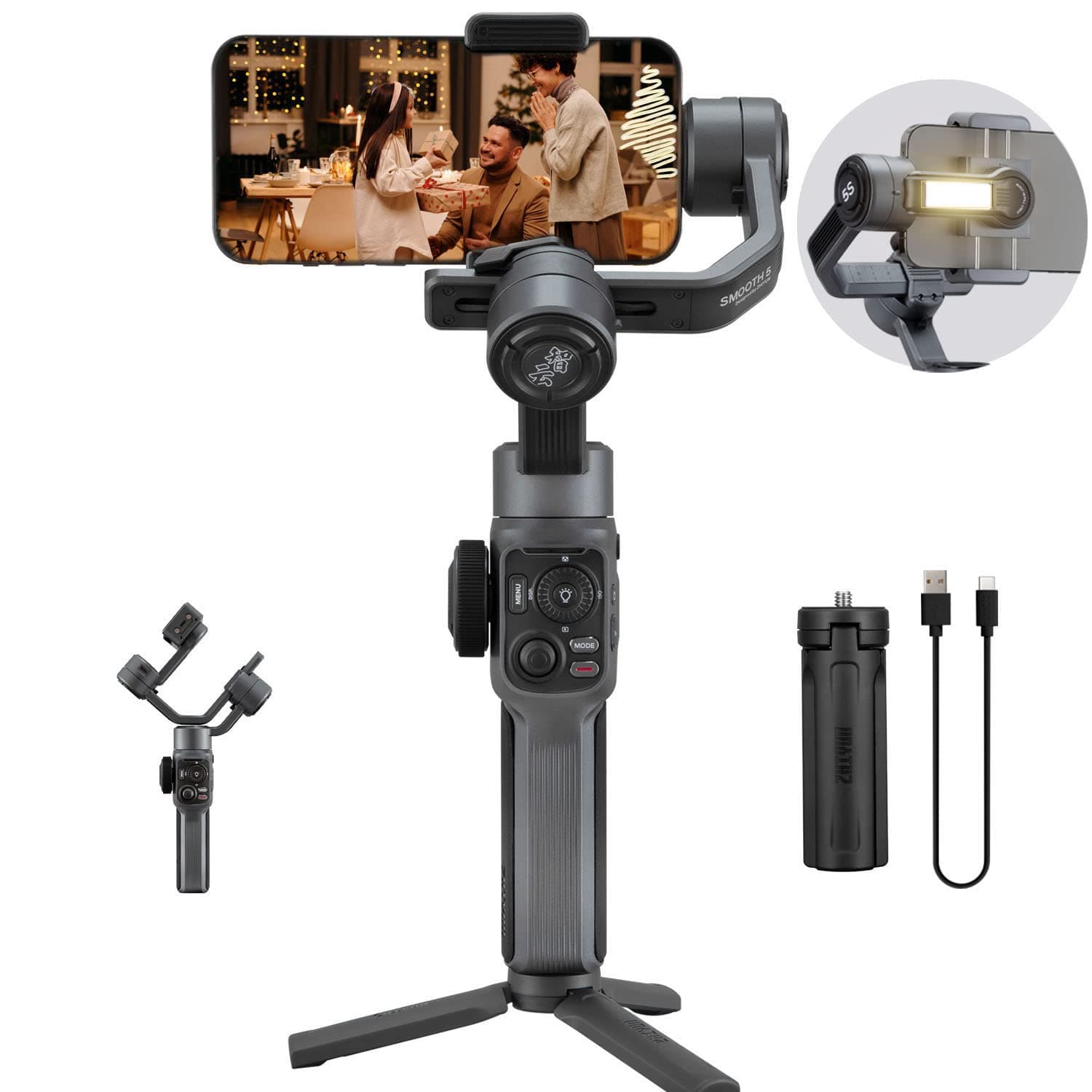 Smooth 5S Smartphone Gimbal Stabilizer 3-Axis with Built-in Fill Light for iPhone Android with Face Object Tracking for Vlog Video Live Stream INS YouTube (Smooth 5 Upgrade Version)-Gray