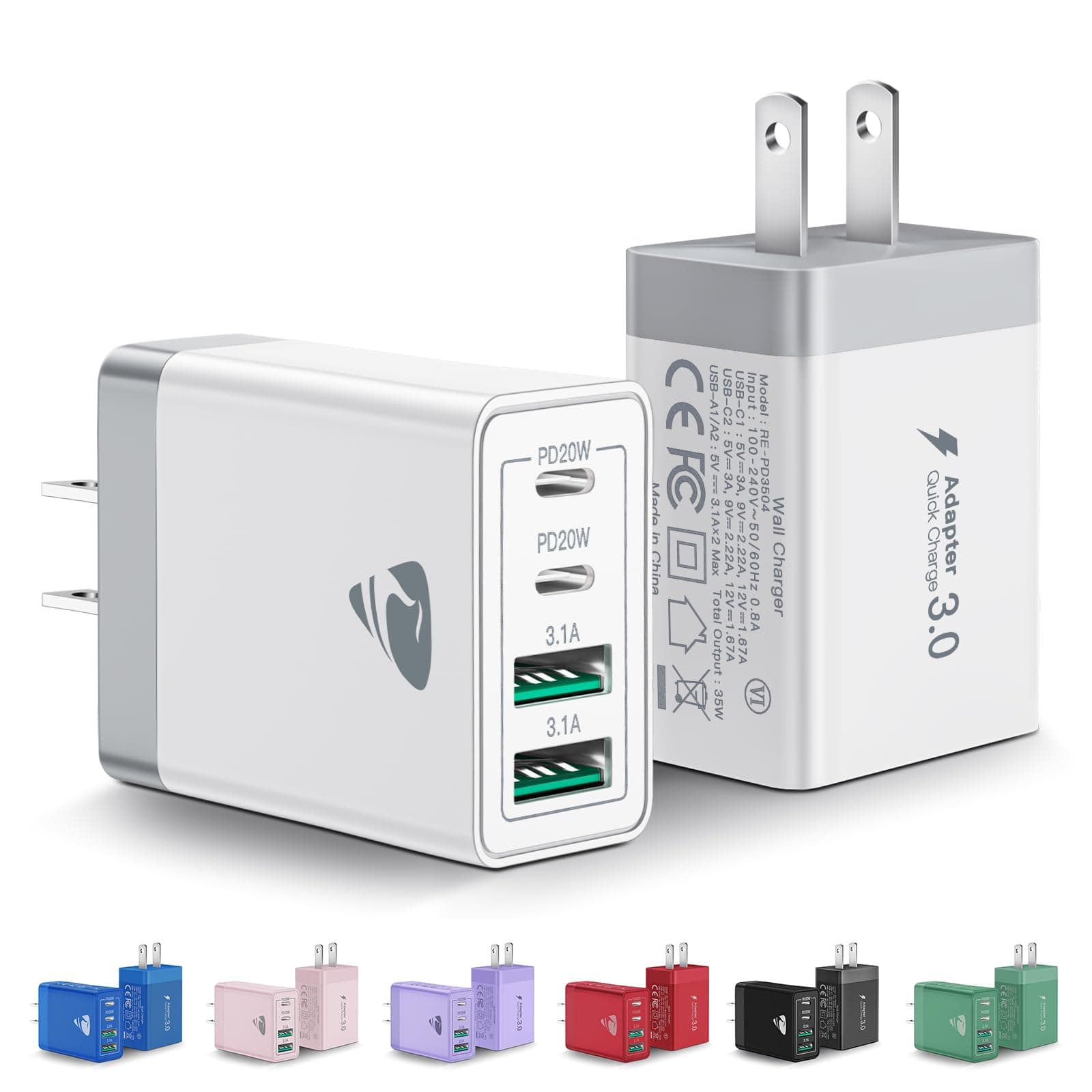 [2-Pack] USB C Wall Charger, 40W Fast USB C Charger Block, 4-Port PD Power Adapter + QC Wall Plug Multiport Type C Charging Block Cube Compatible with iPhone 16 15 14 13 12 11 Pro Max XR XS 8, Samsung