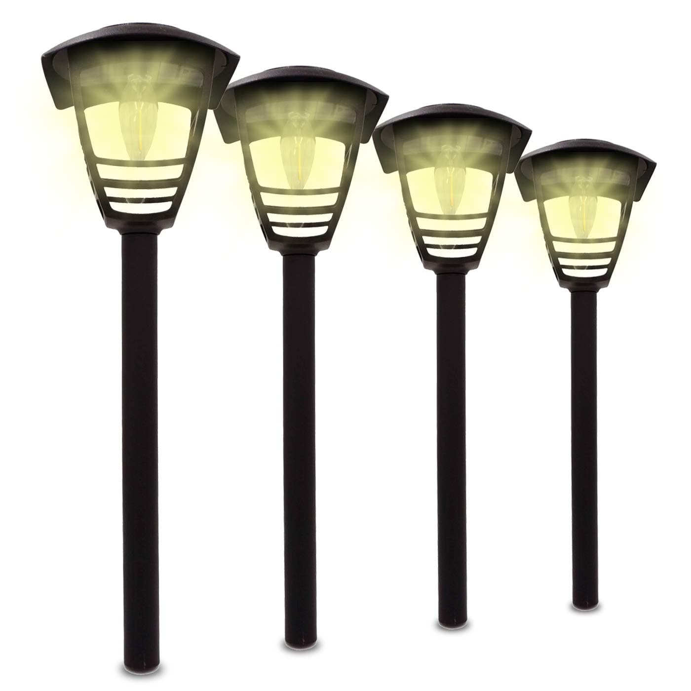 LowVoltz Solar 4 Pack Bright (10 Lumen) Solar LED Edison Filament Bulb Path Lights. Outdoor Solar Pathway Lights Garden, Yard Walkway. Modern Open Design, Solar Path Landscape Lighting