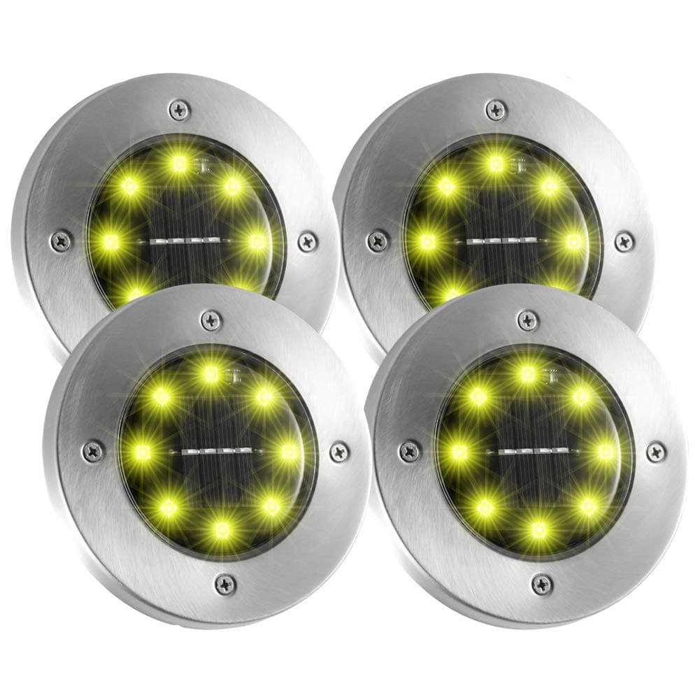 Disk Light, 4 Pack Upgraded 8 LED Solar Landscape Lights Outdoor, Waterproof Garden Lawn Yard Patio Pathway Driveway Walkway Sidewalk Pool Area Decorative Light, Warm White