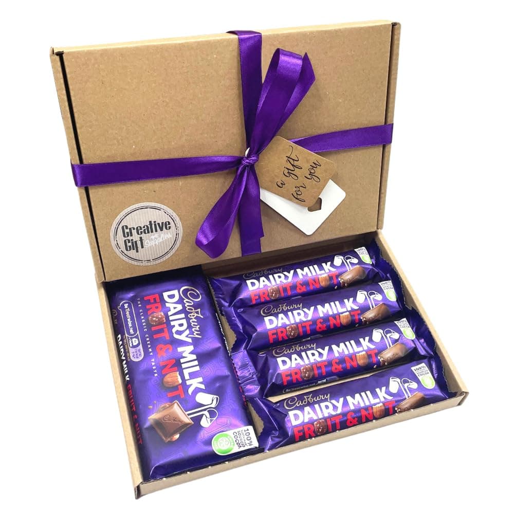 Dairy Milk Fruit and Nut Chocolate Bars Gift Box Hamper Present For Any Occasion (KRAFT BOX PURPLE RIBBON)