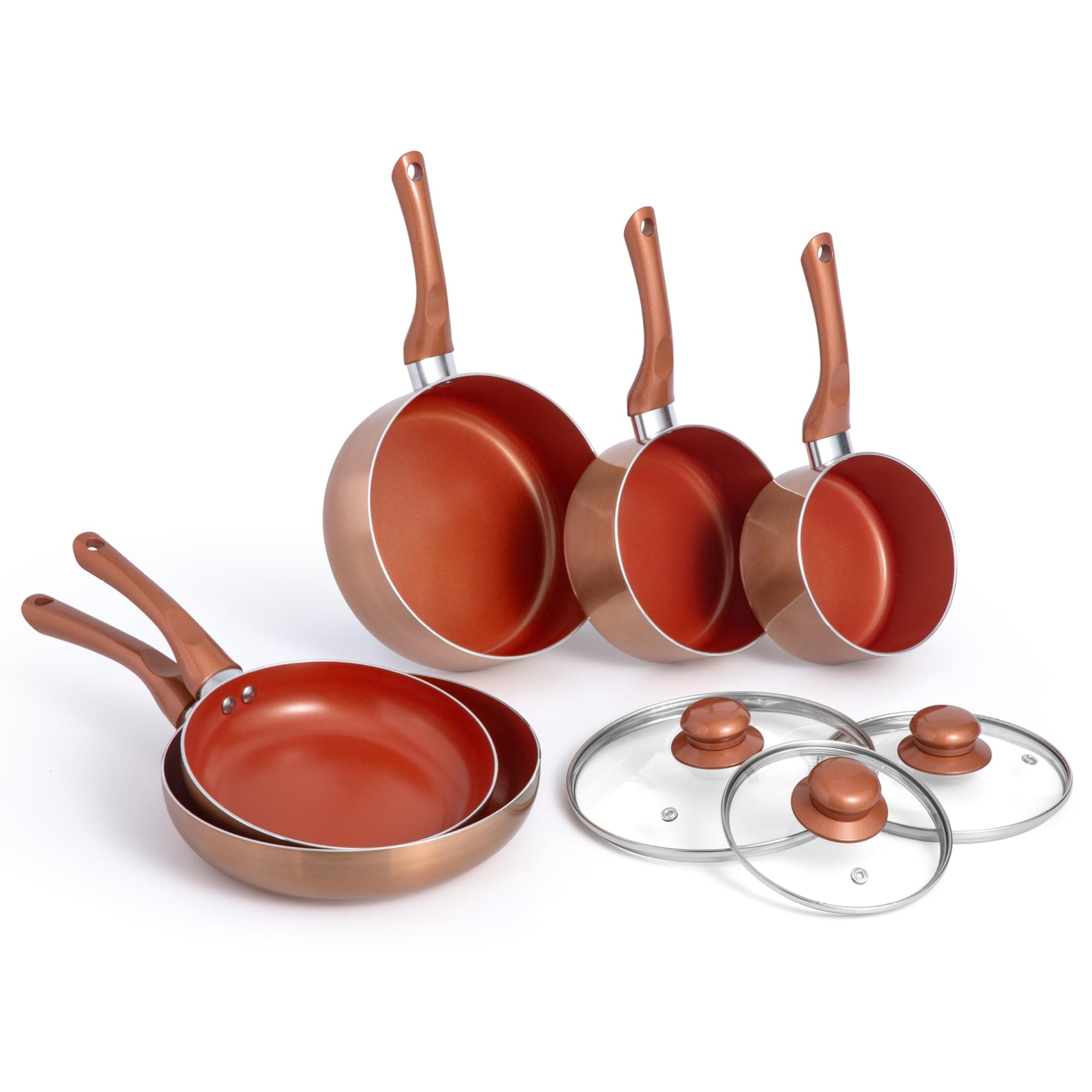Copper Effect Pan Set 5 Piece - Suitable for All Hob Types, Induction Safe/Friendly Saucepans & Frying Pans Bundle with Glass Ventilated Lids, Easy Clean Non Stick Coating
