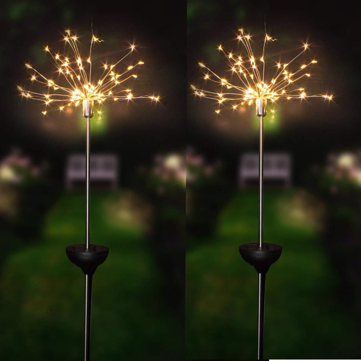 KINGCOO 2 Pack Solar Firework Lights, Waterproof 90LEDs Solar 8Mode Copper Wire DIY Starry Fairy Starburst Stake String Lights for GardenOutdoor Christmas Landscape Pathway Wedding Party(Warm White)